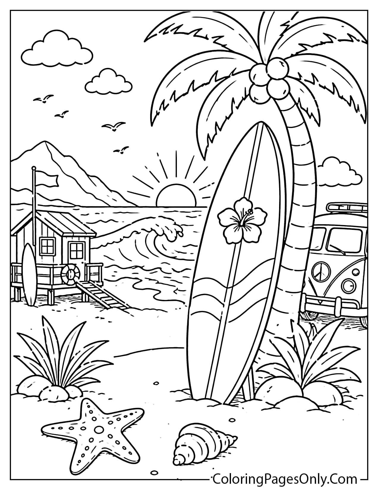 Surfboard on the beach coloring page from Beach