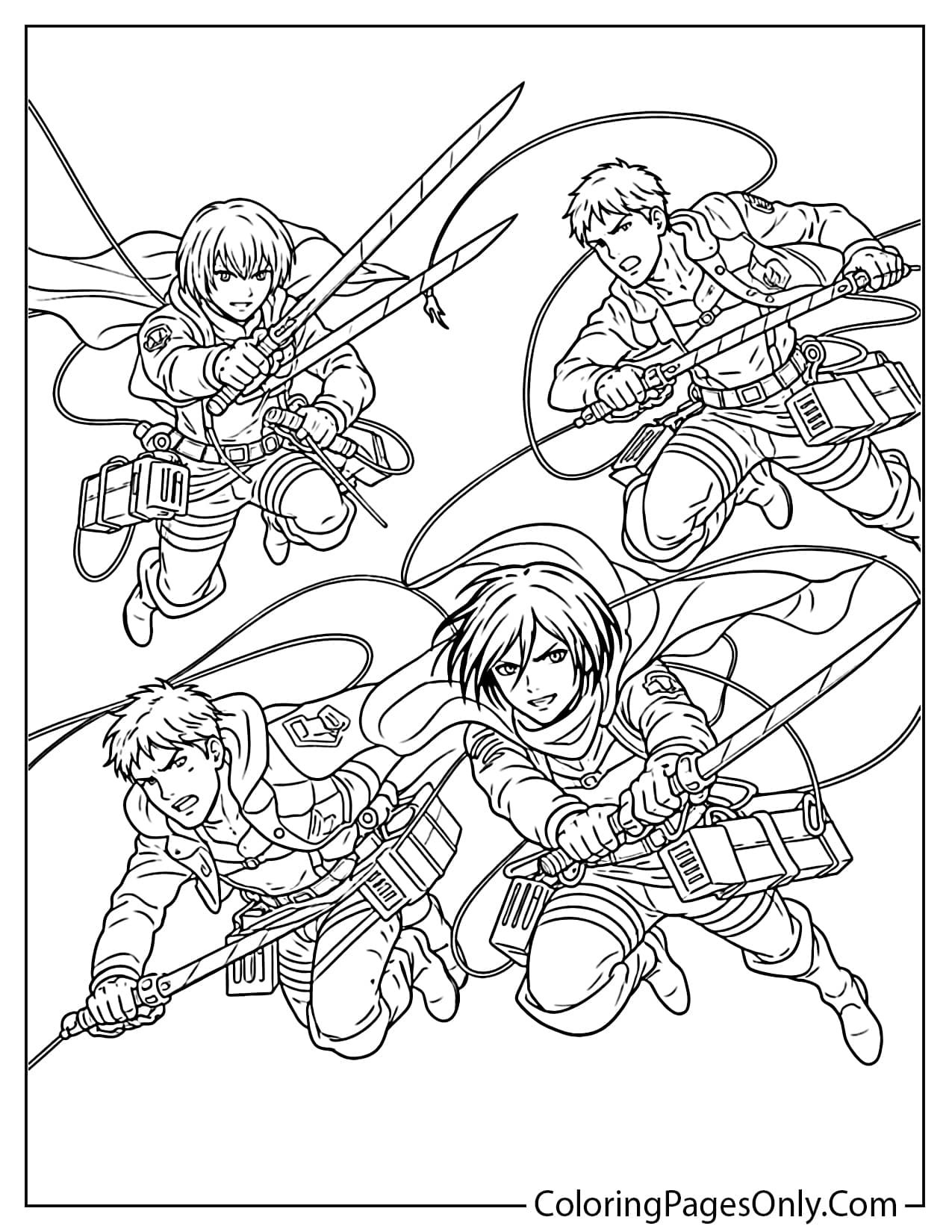 Survey Corps flying with ODM gear action scene coloring page from Attack On Titan
