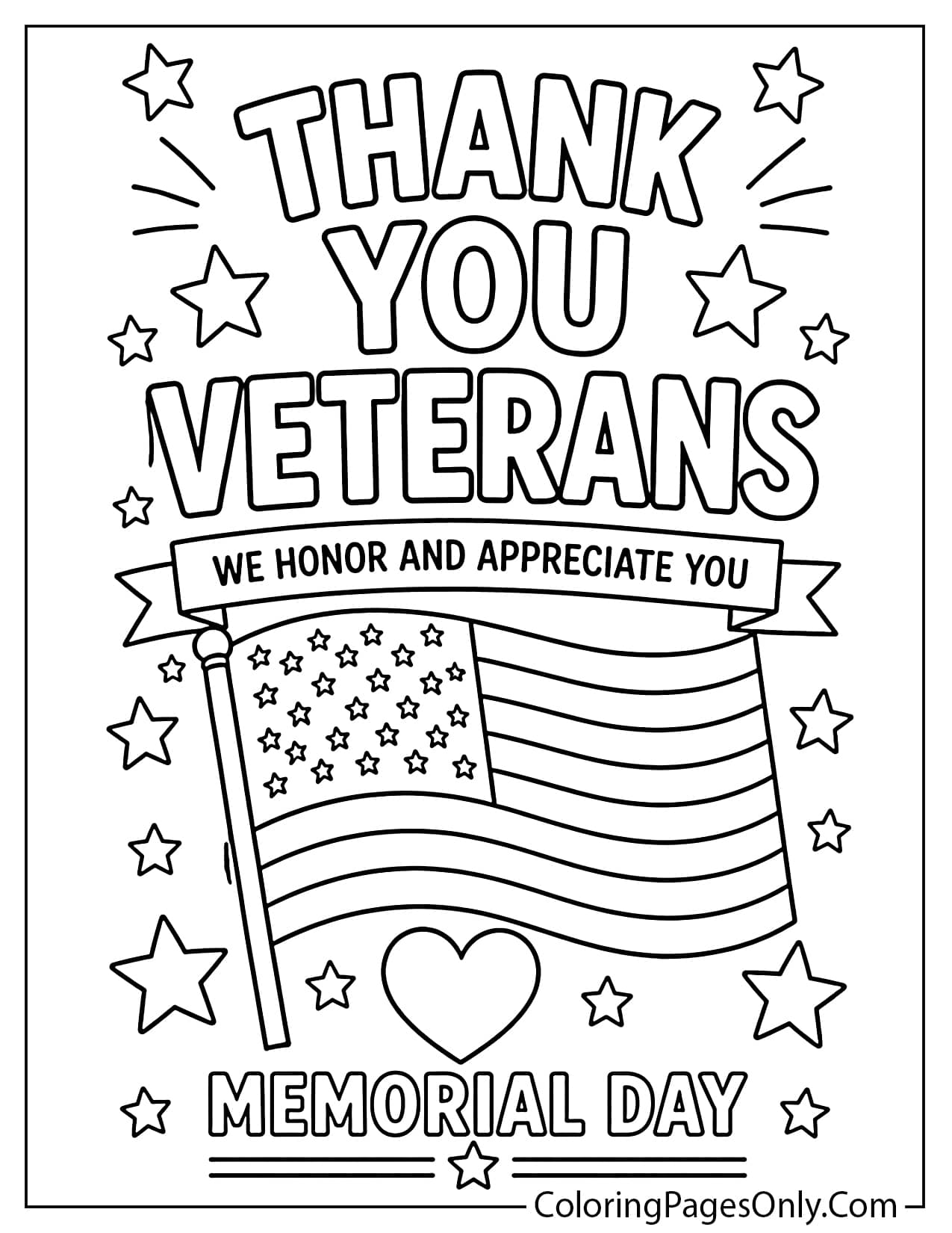 Thank you veterans Memorial Day coloring page with American flag and stars from Memorial Day