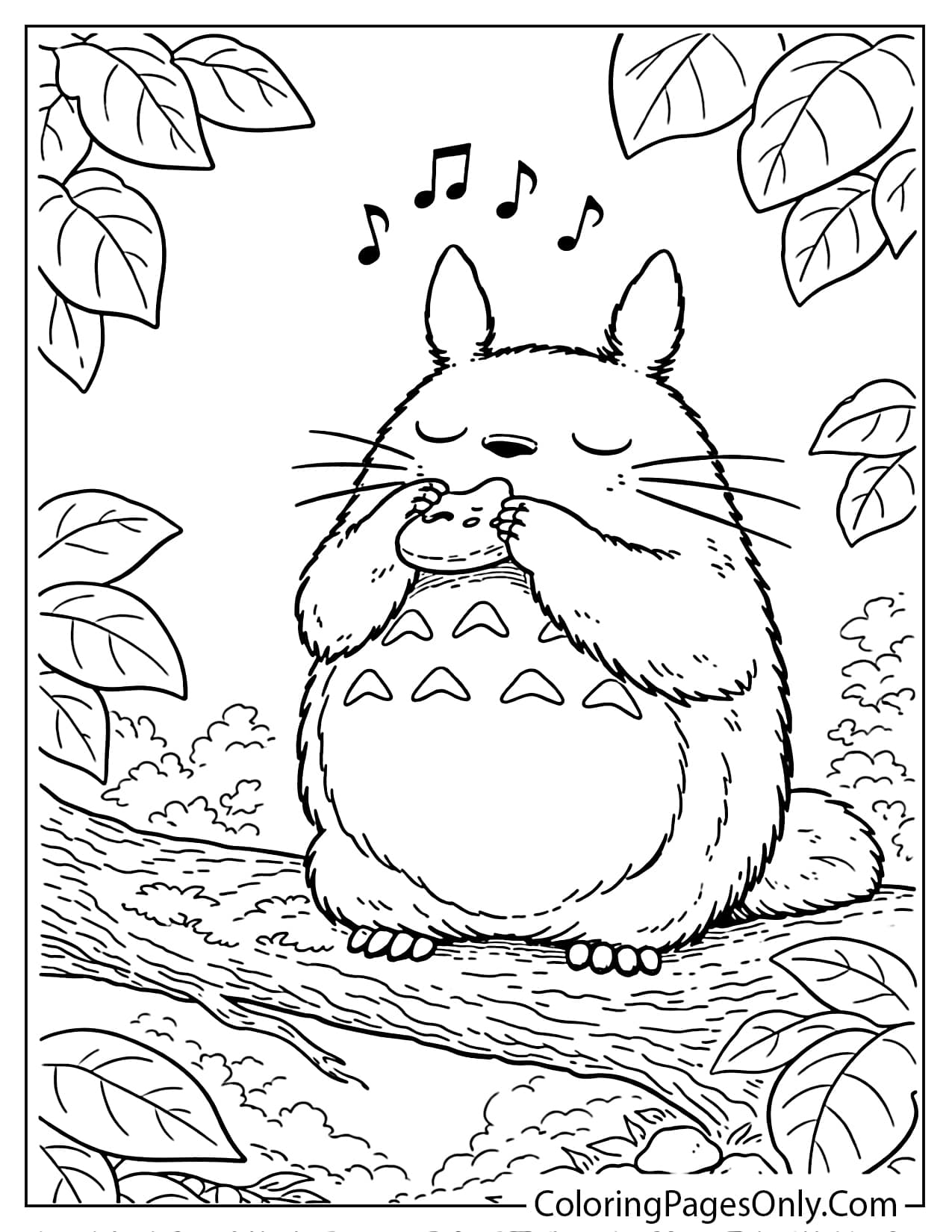 Totoro playing an ocarina on a tree branch coloring page from My Neighbor Totoro