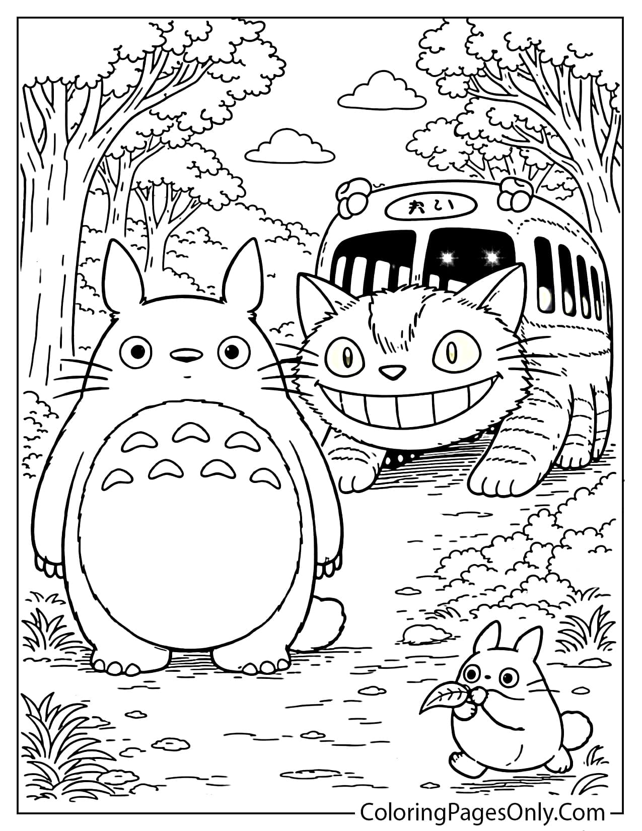 Totoro and Catbus in the forest coloring page from My Neighbor Totoro
