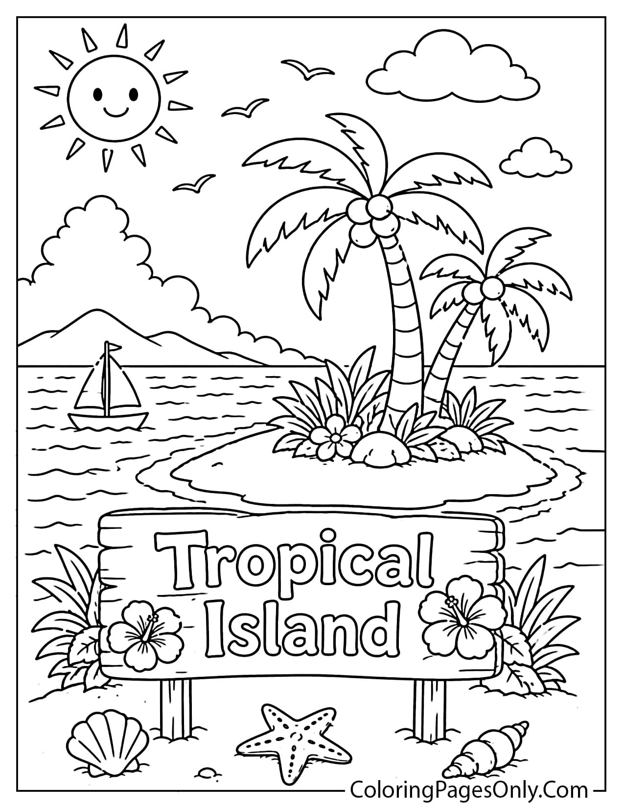 Tropical island beach coloring page from Beach