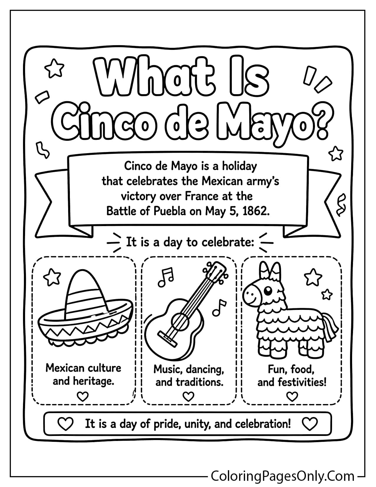 Educational Cinco de Mayo coloring page explaining the holiday for kids from Cinco De Mayo