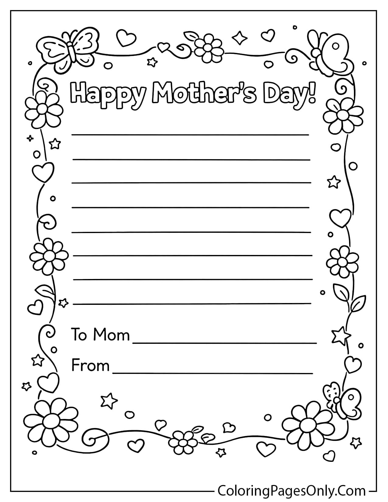 Mother’s Day message card coloring page with decorative floral border and space to write a note to mom from Mother's Day