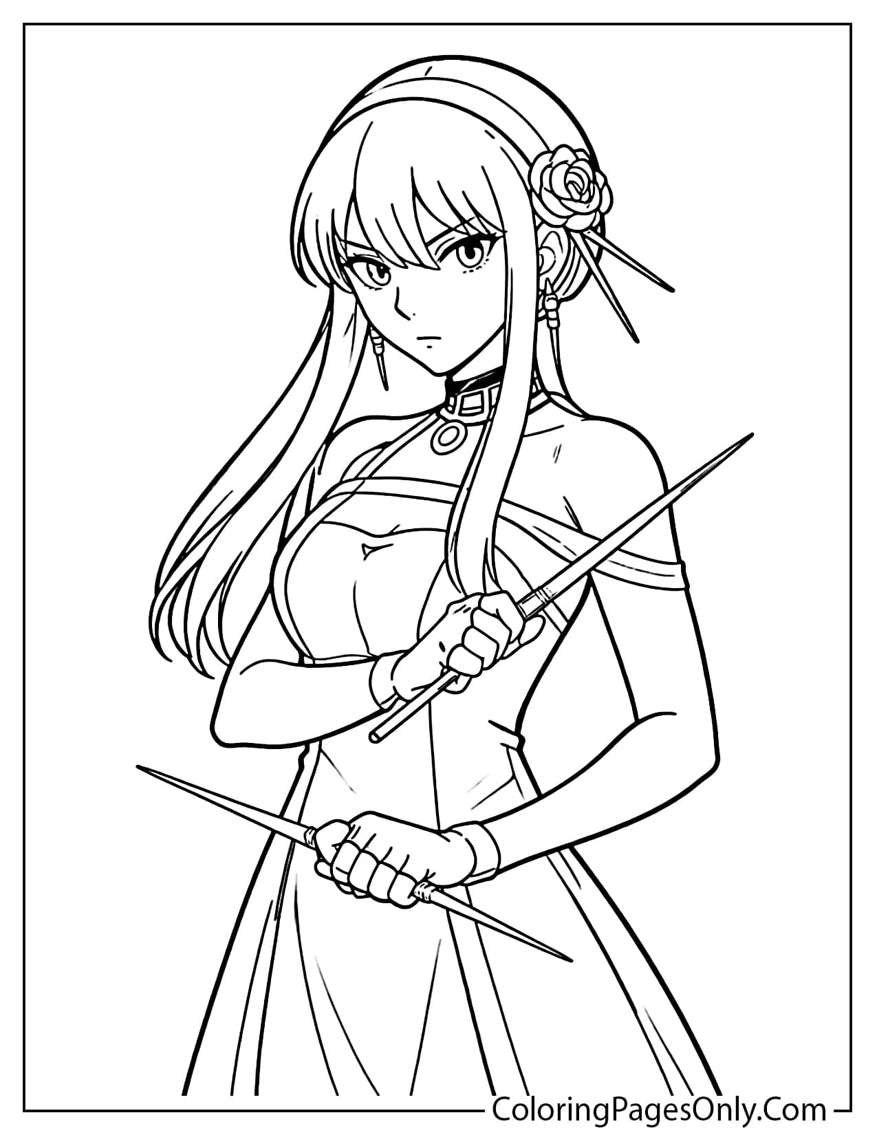 Yor Forger standing in an elegant pose with her signature hair accessory and graceful dress from Spy x Family