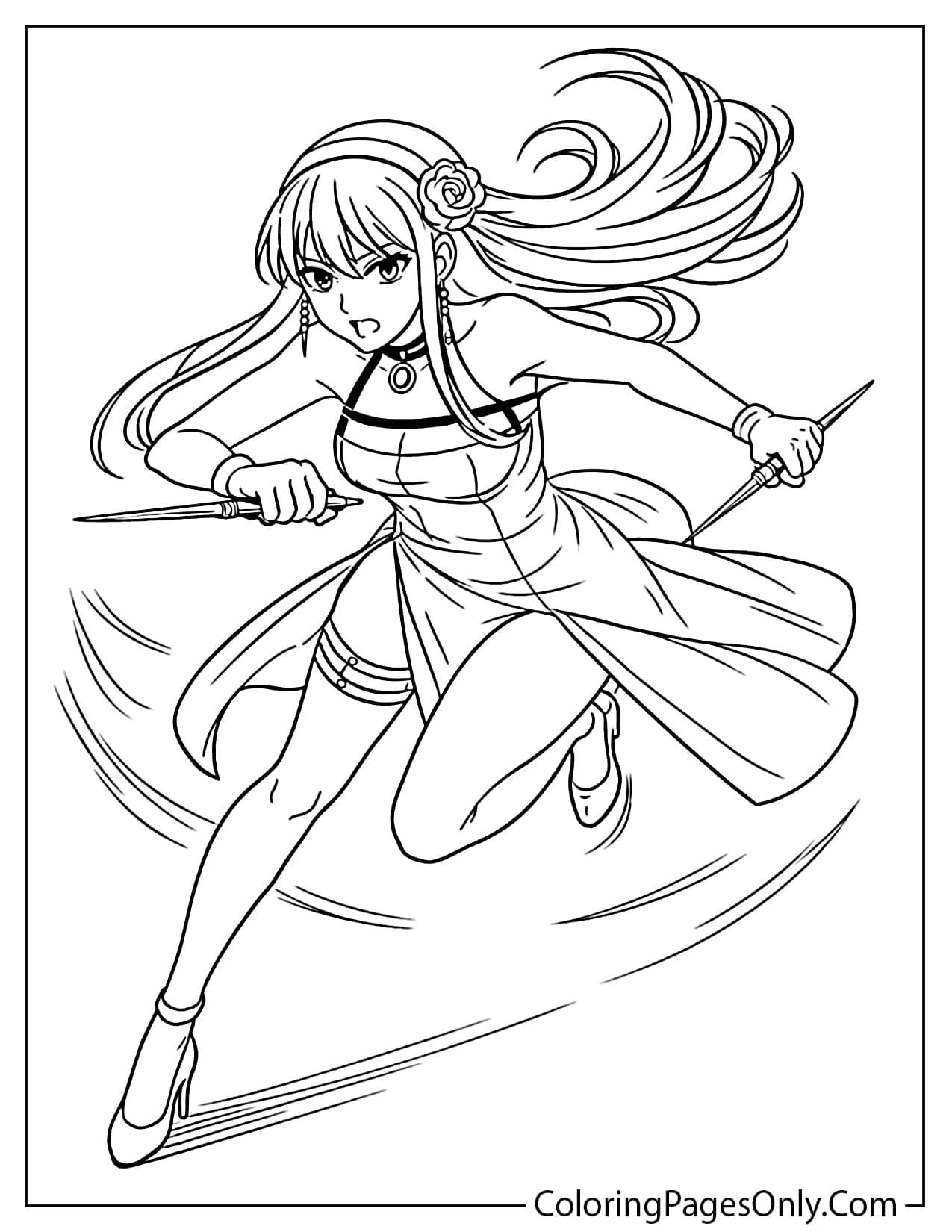 Yor Forger leaping into action with her weapons in a dynamic attack pose from Spy x Family