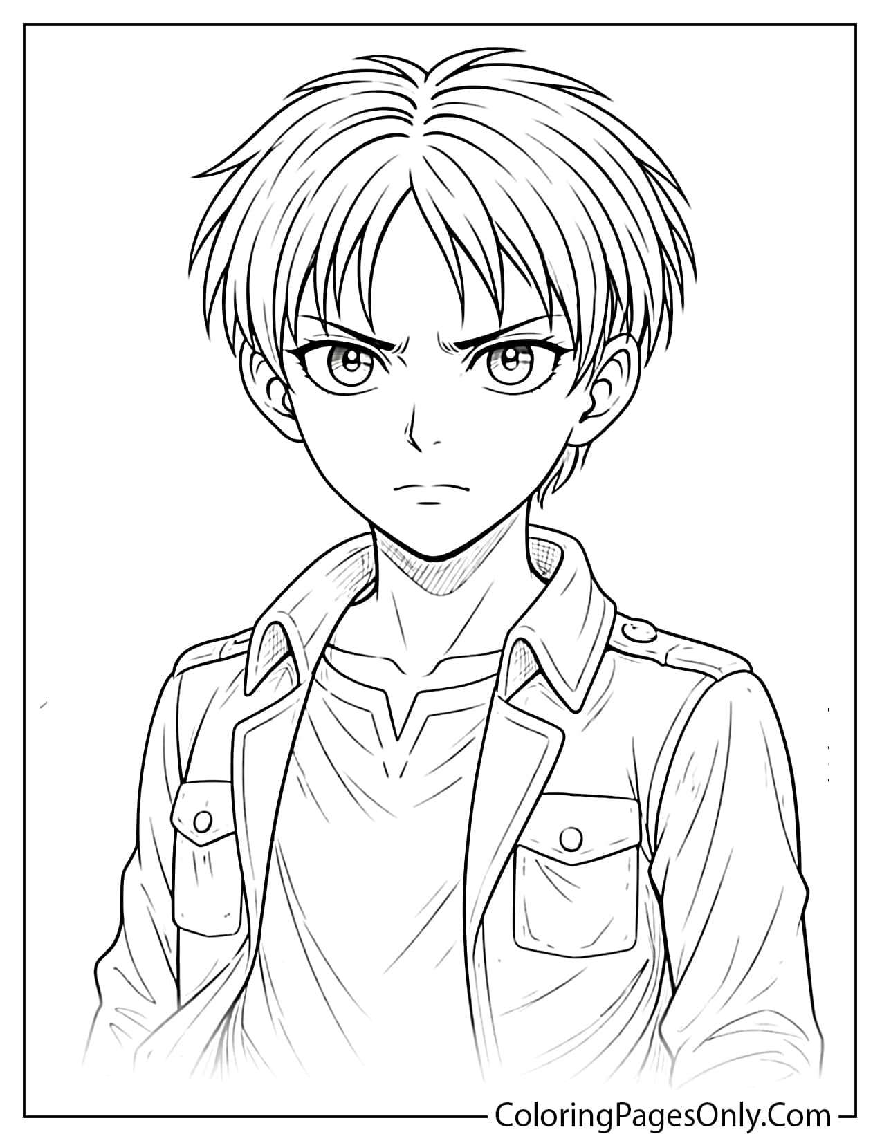 young Eren Yeager portrait serious expression coloring page from Attack On Titan