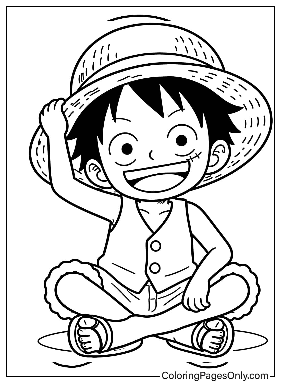 Young Luffy sitting cross-legged with a big smile and one hand holding his straw hat from Luffy