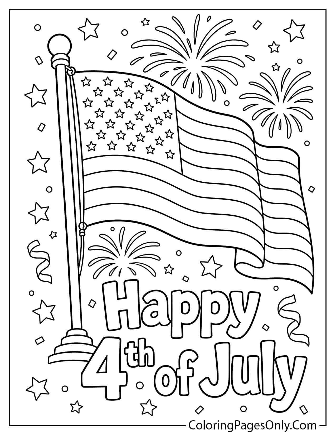 4th of July American flag coloring page with fireworks and stars from American Flag