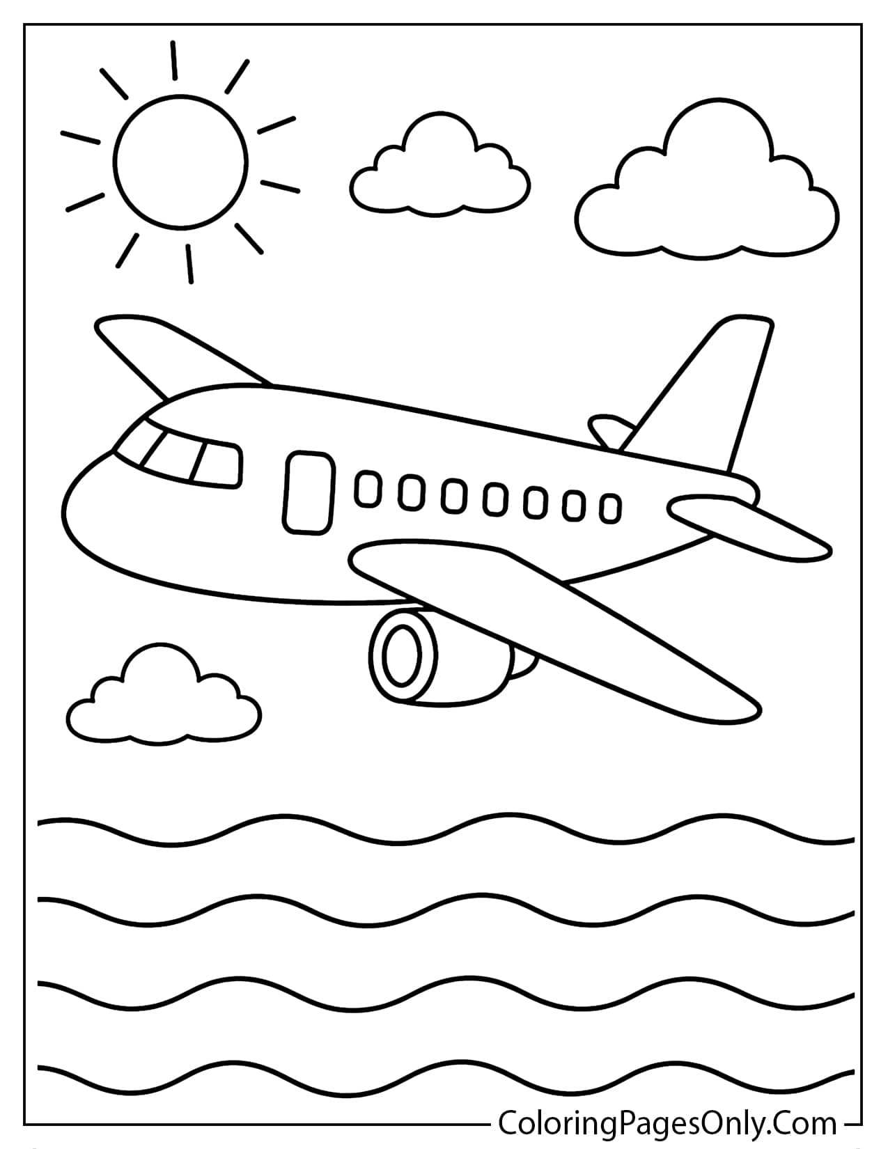 Airplane Flying Over The Ocean Coloring Page For Kids from Airplane