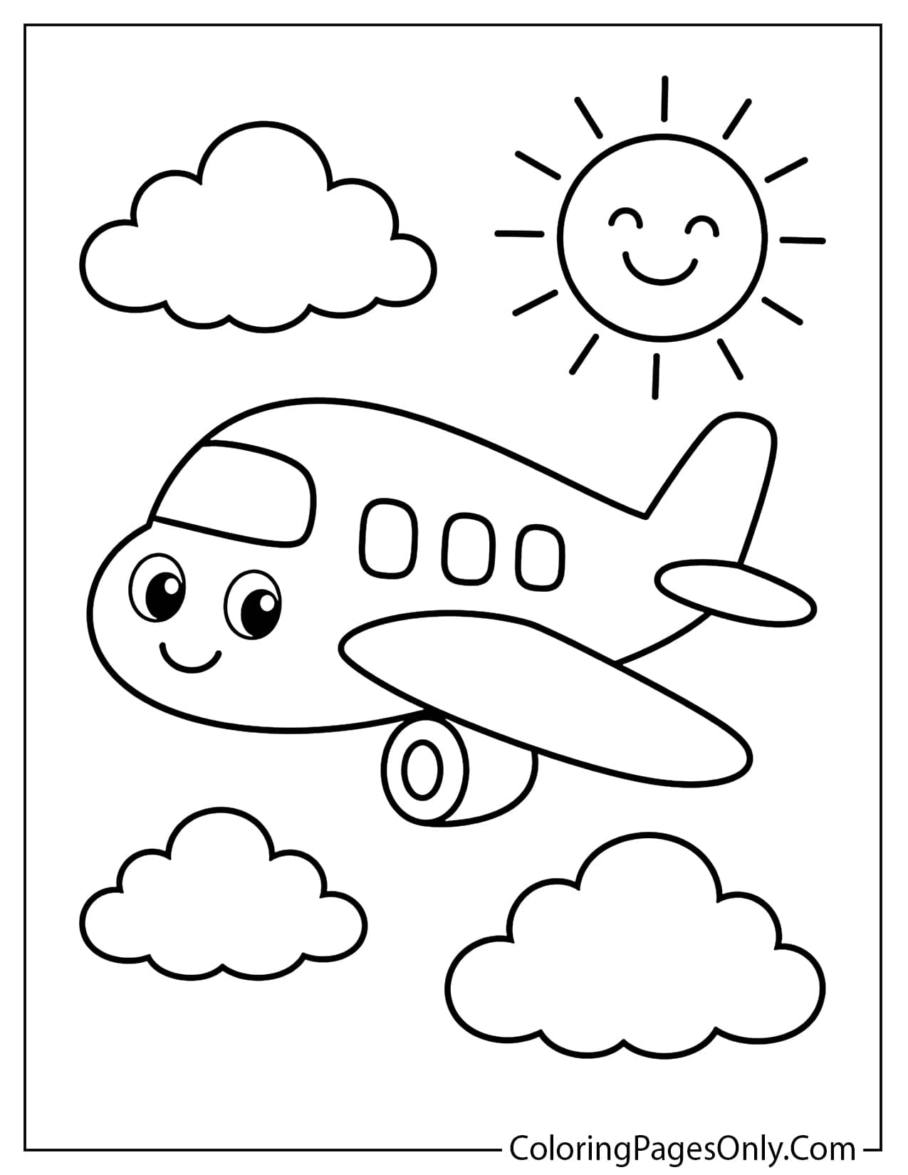 Airplane With Clouds And Sun Coloring Page For Preschoolers from Airplane
