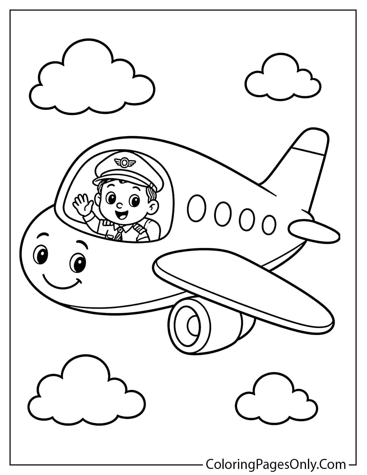 Cartoon Airplane With Pilot Coloring Page For Kids from Airplane
