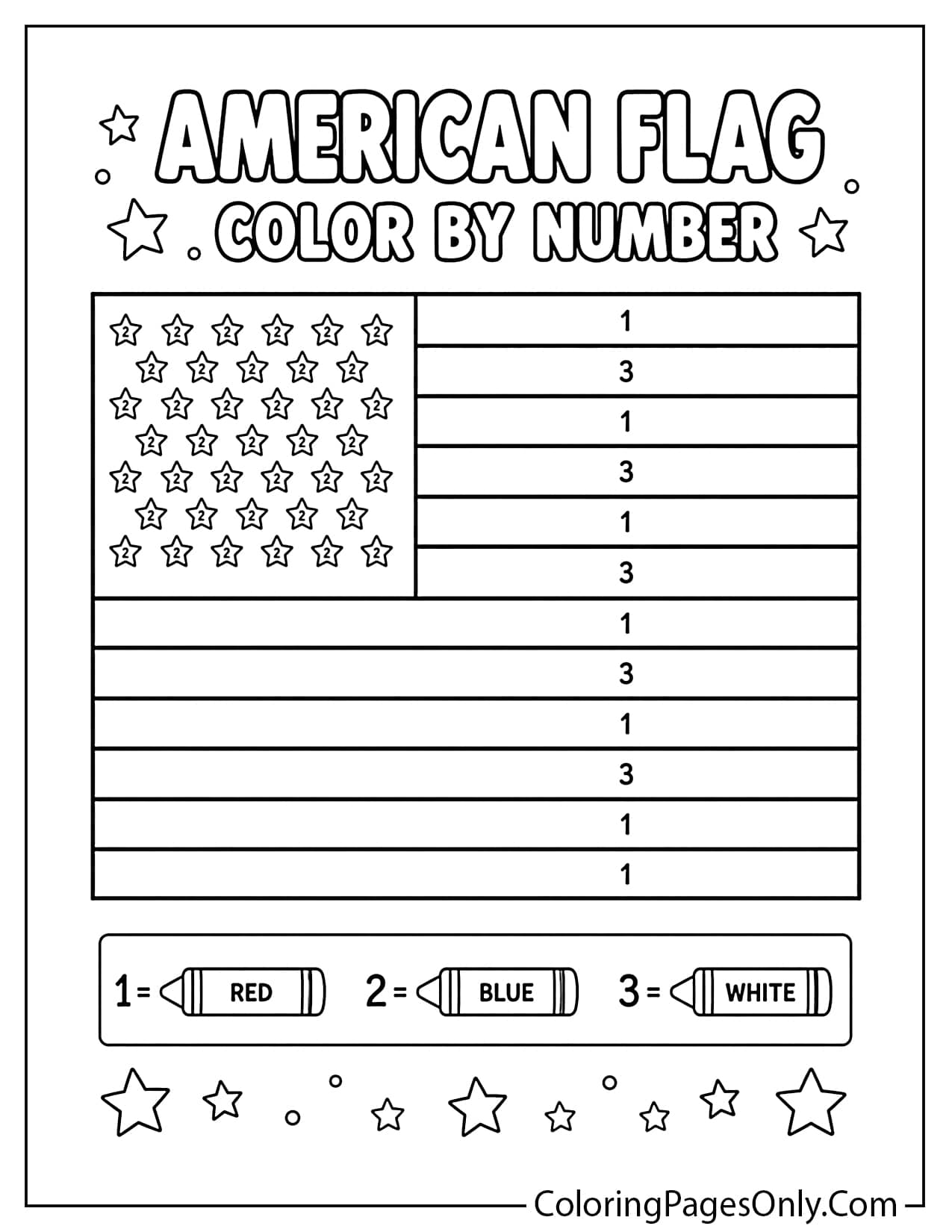 American flag color by number worksheet with numbered stars and stripes from American Flag