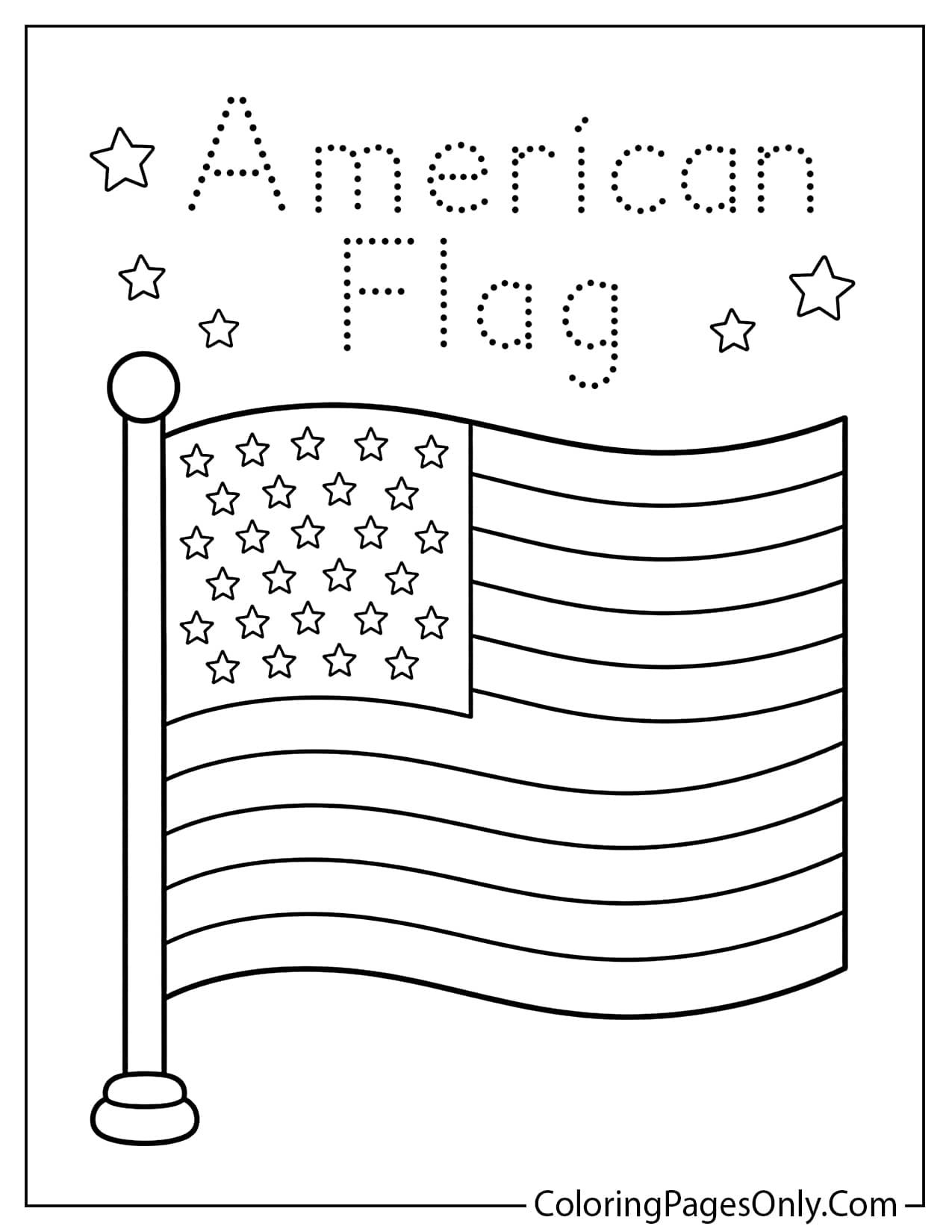 American flag trace and color worksheet for kids with simple letters from American Flag