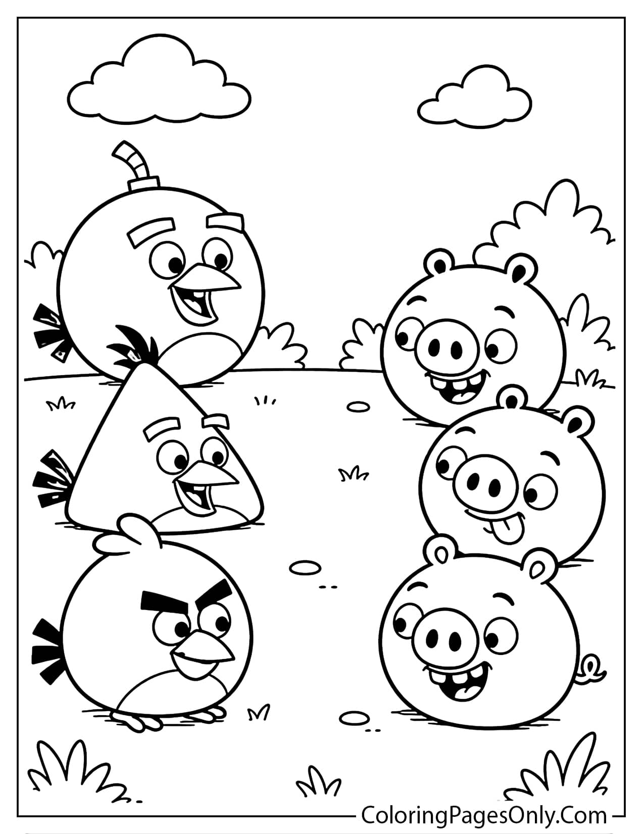 Angry Birds birds vs pigs coloring page with Red Chuck Bomb and pigs from Angry Birds
