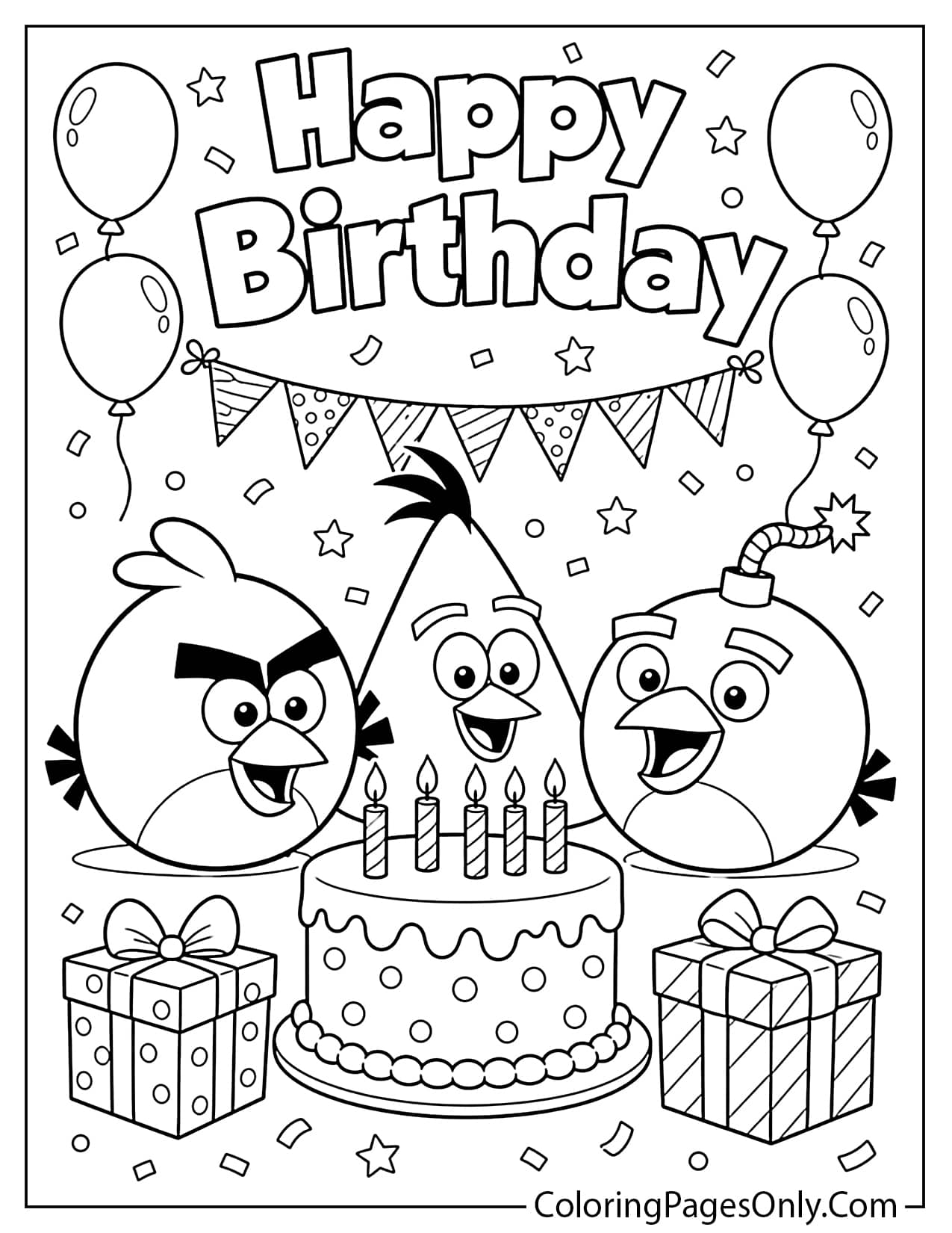 Angry Birds birthday coloring page with cake balloons and characters from Angry Birds