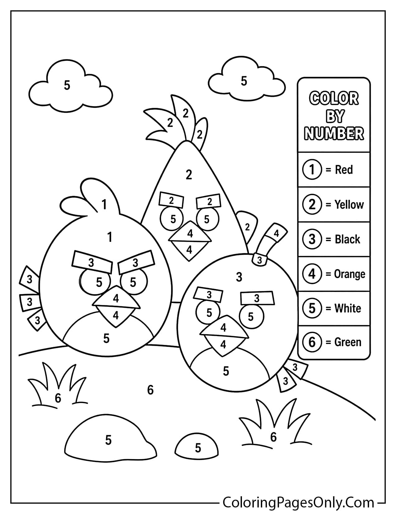 Angry Birds color by number coloring page with numbered sections from Angry Birds