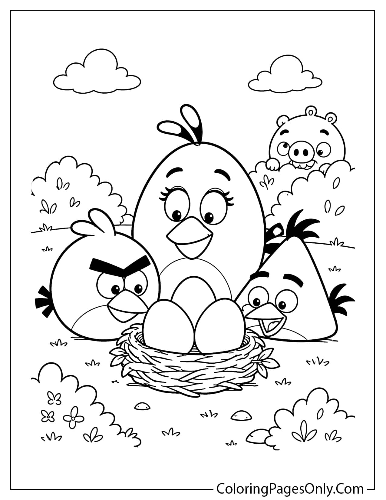 Angry Birds egg rescue coloring page with birds protecting eggs from Angry Birds