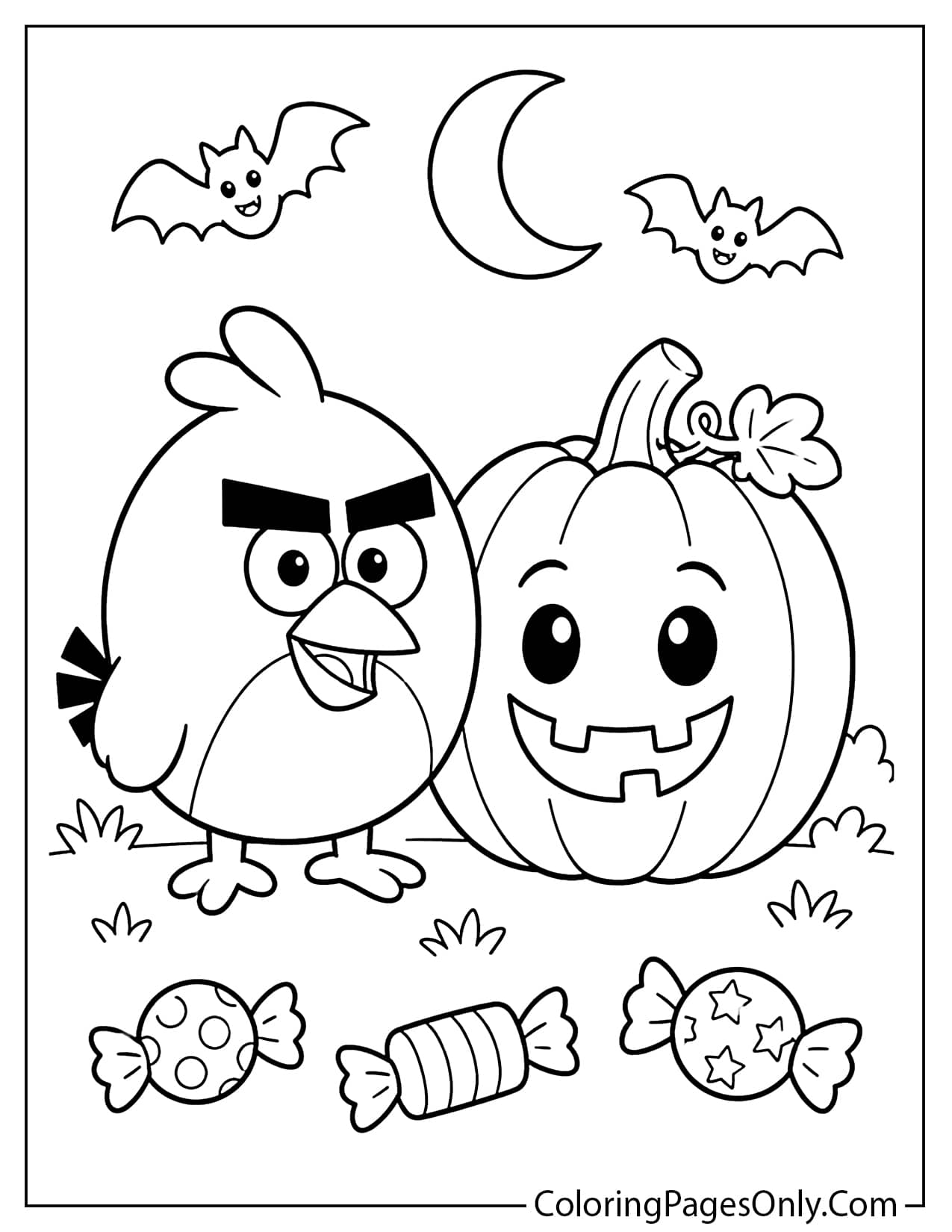 Angry Birds Halloween coloring page with pumpkin and cute spooky details from Angry Birds