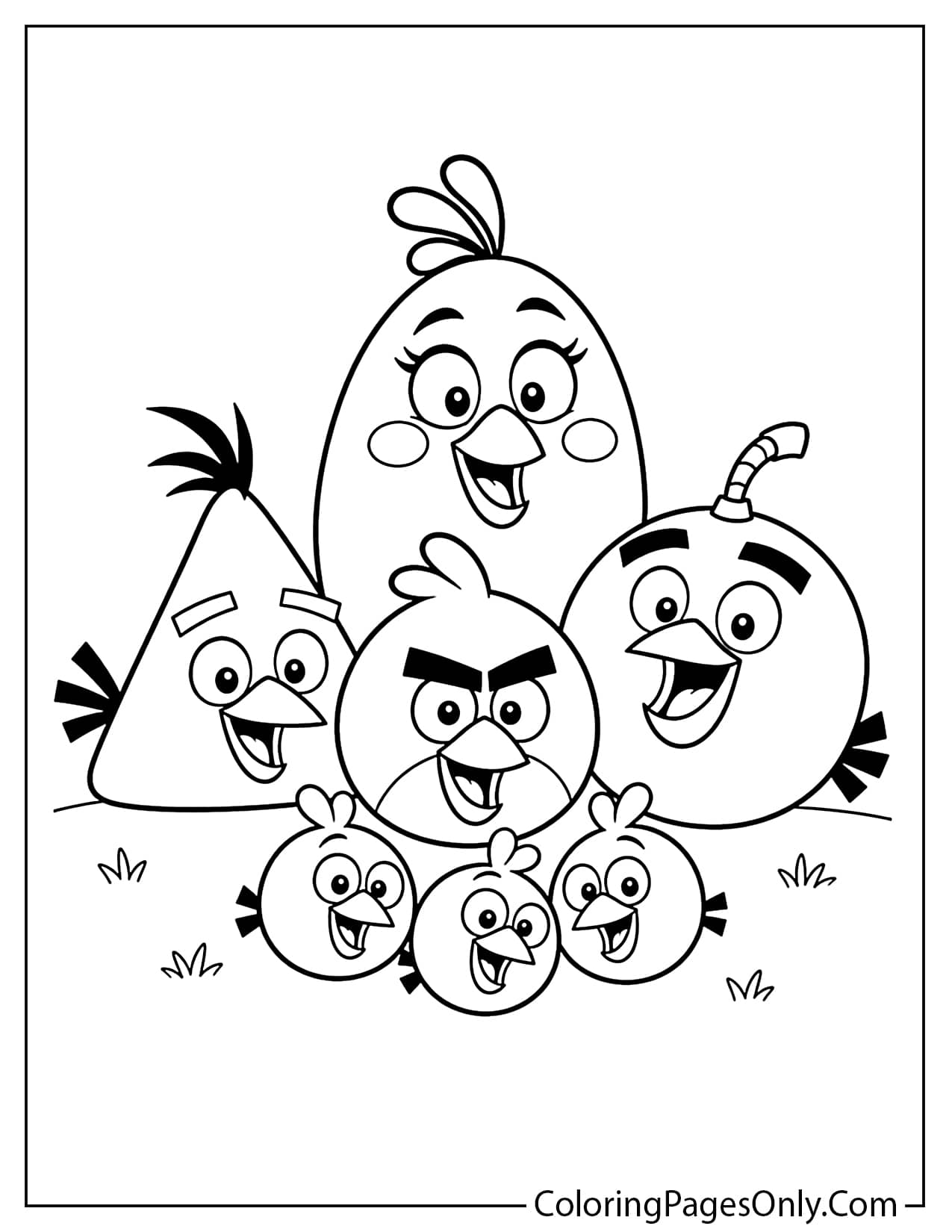 Angry Birds main characters coloring page with Red Chuck Bomb Matilda and The Blues from Angry Birds