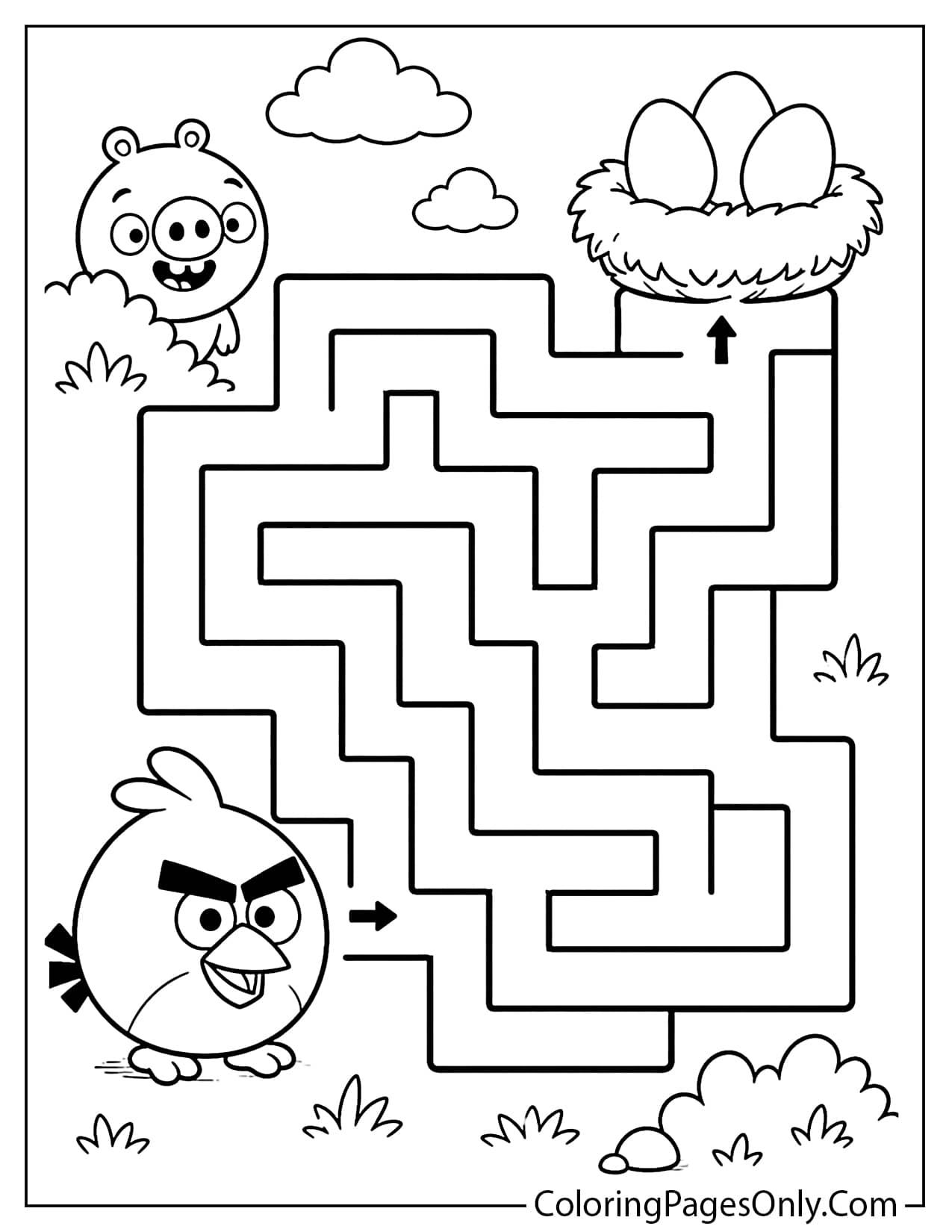 Angry Birds maze coloring page with Red finding eggs from Angry Birds