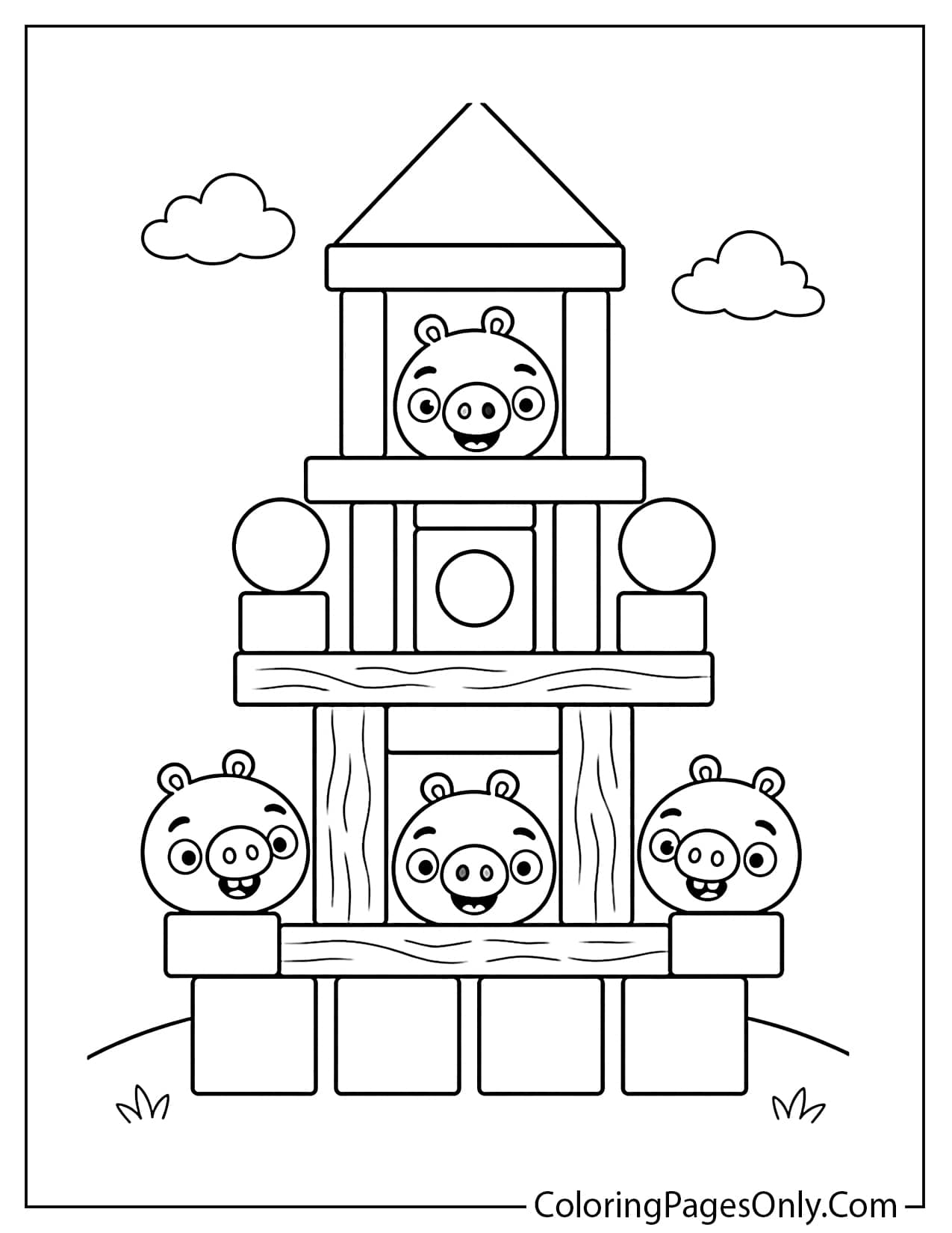 Angry Birds pig tower coloring page with green pigs and blocks from Angry Birds
