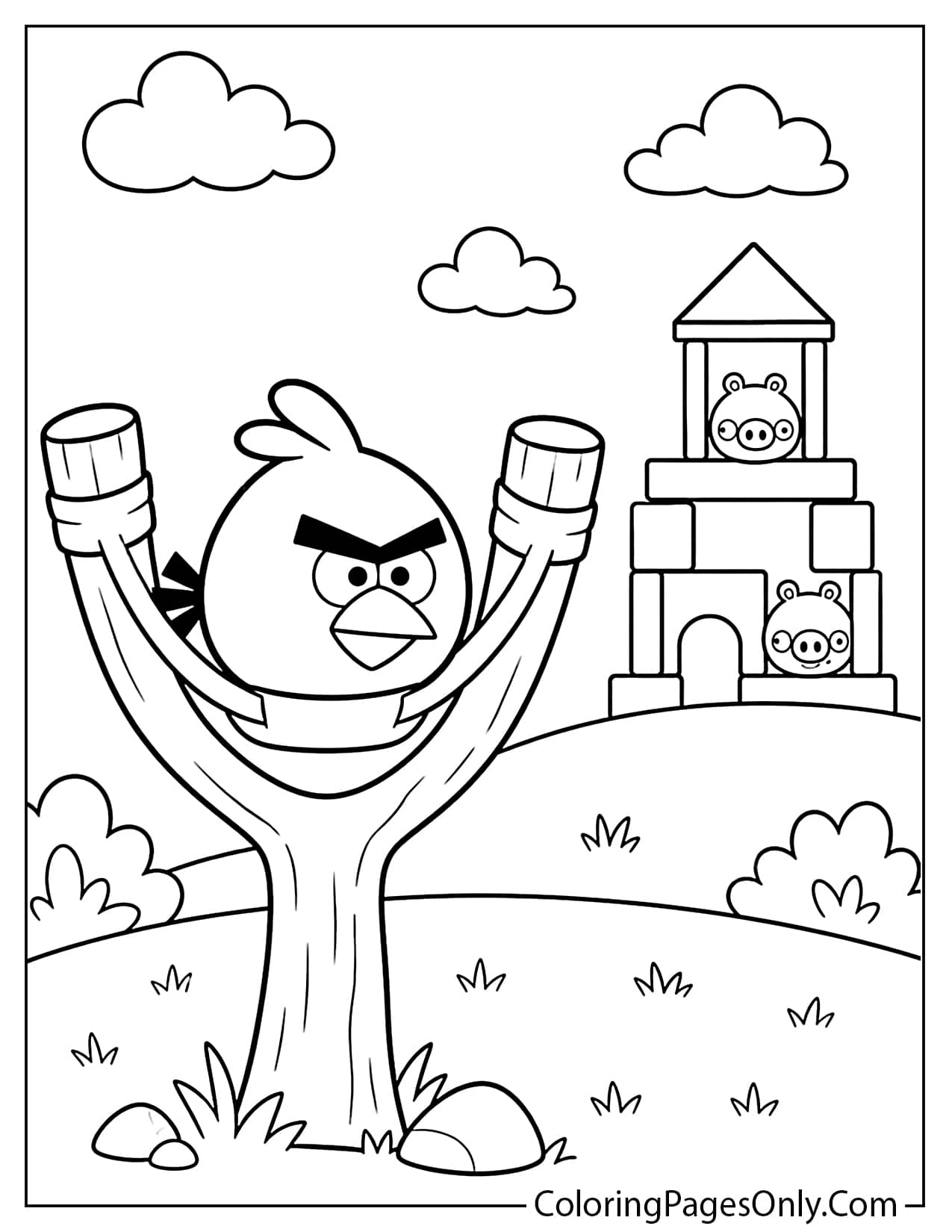 Angry Birds slingshot coloring page with Red ready to launch from Angry Birds
