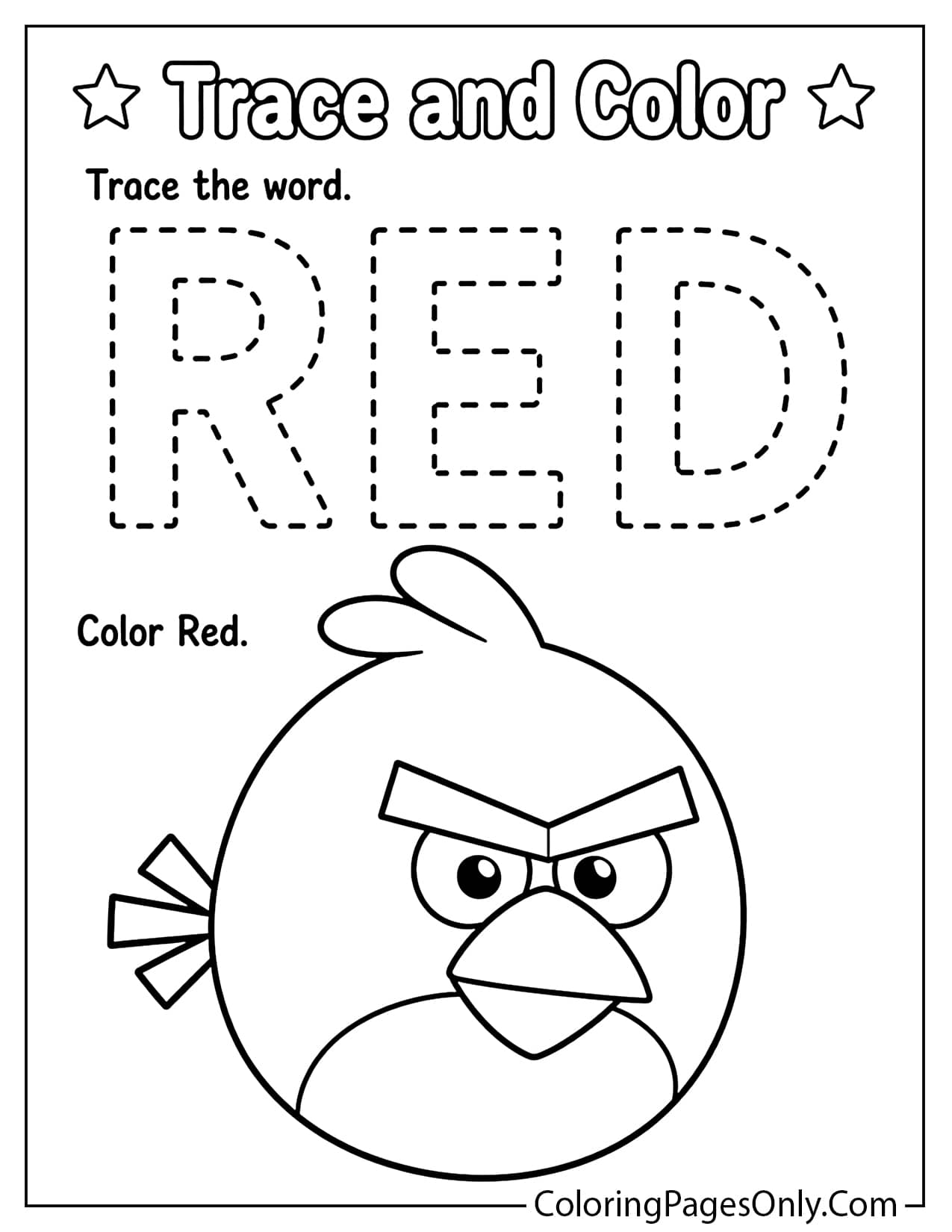 Angry Birds trace and color worksheet with letters and character outline from Angry Birds