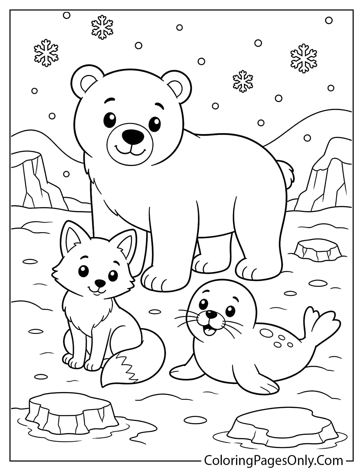 Arctic Animals Including A Polar Bear, Arctic Fox, Penguin, And Seal In A Snowy Winter Scene Coloring Page For Kids from Winter
