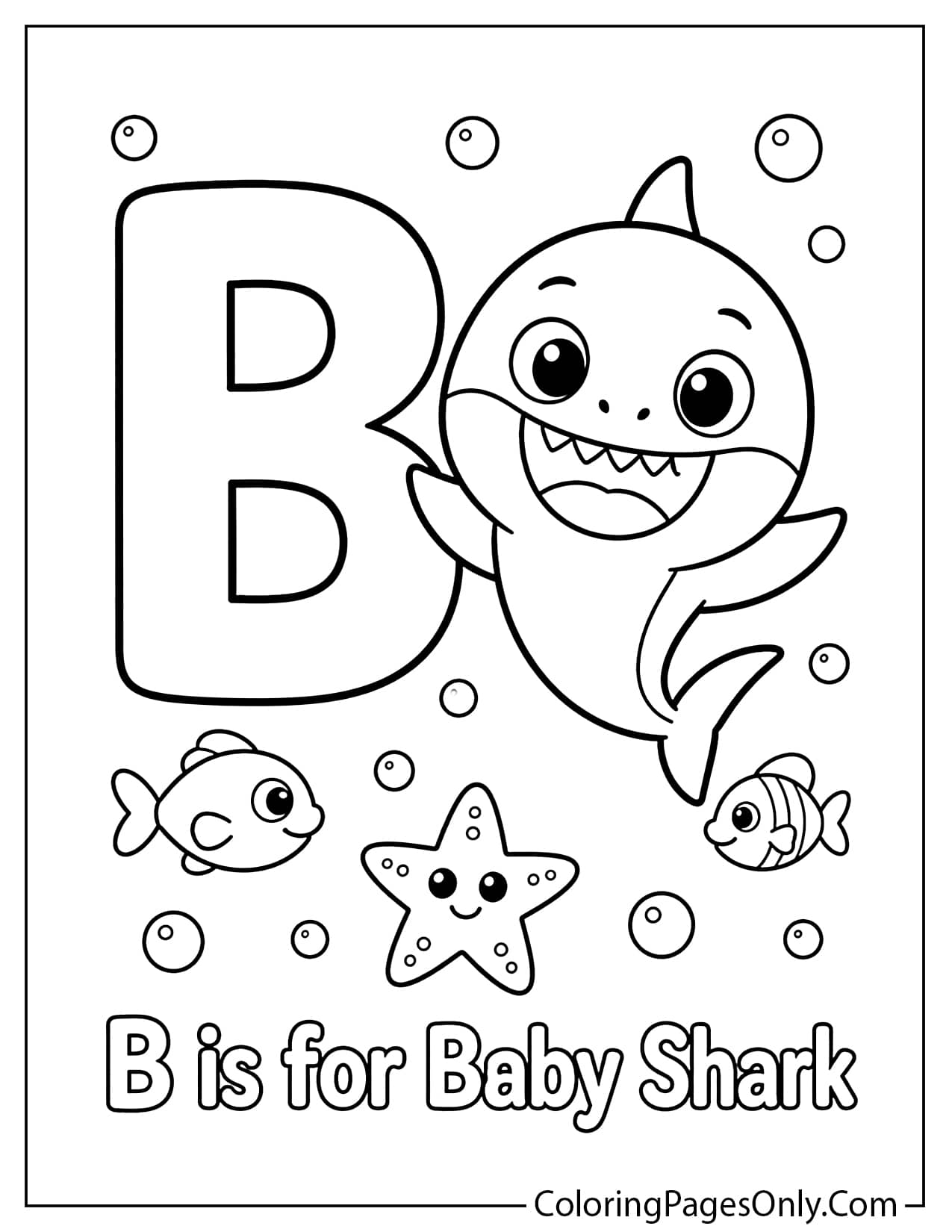 Baby Shark ABC coloring page with the letter B and simple alphabet learning elements from Baby Shark