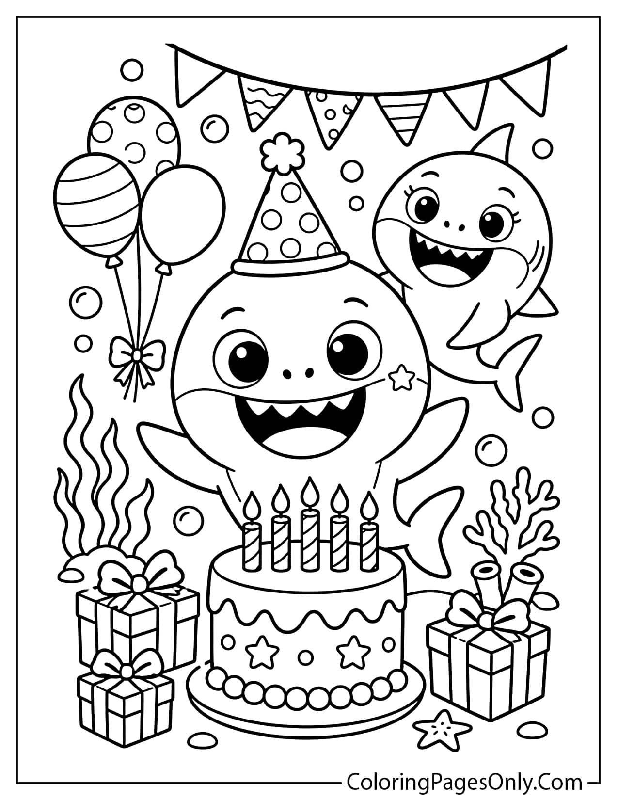 Baby Shark birthday coloring page with cake, balloons, gifts, and party decorations from Baby Shark