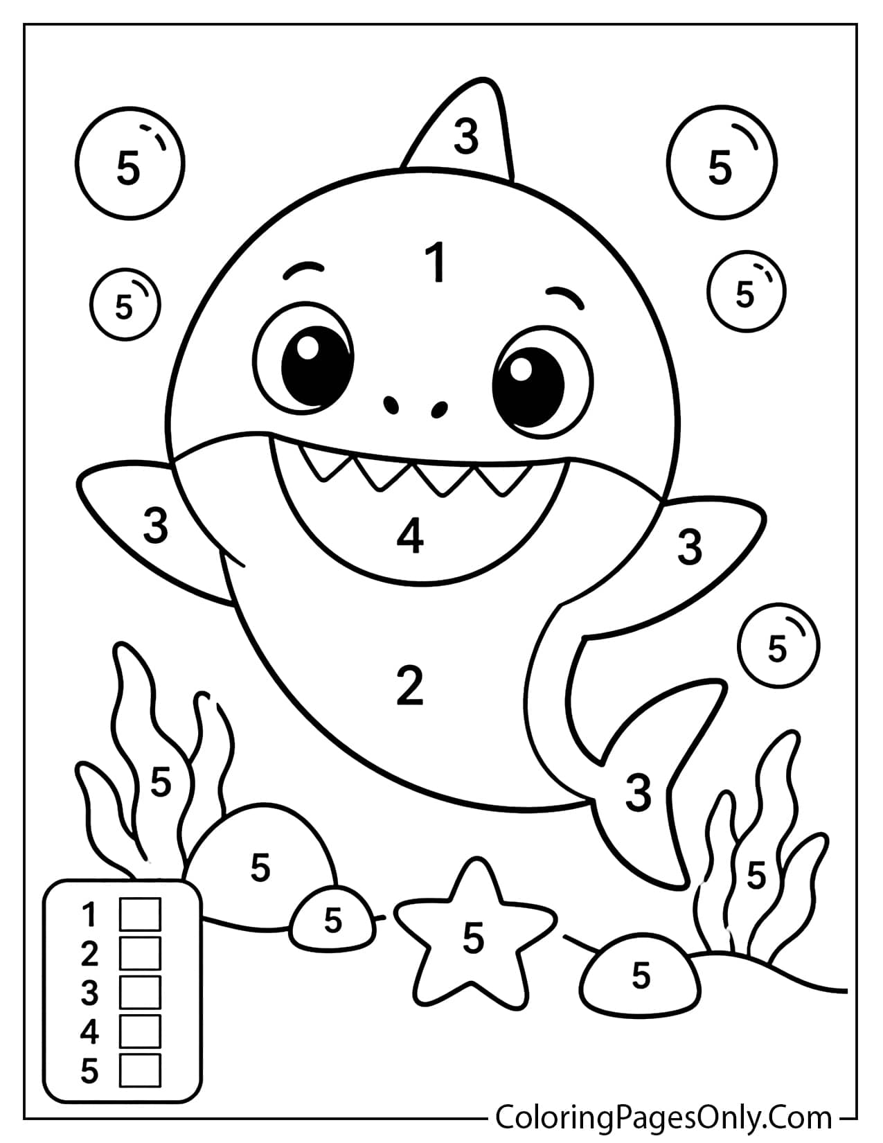Baby Shark color by number coloring page with numbered sections for preschool kids from Baby Shark