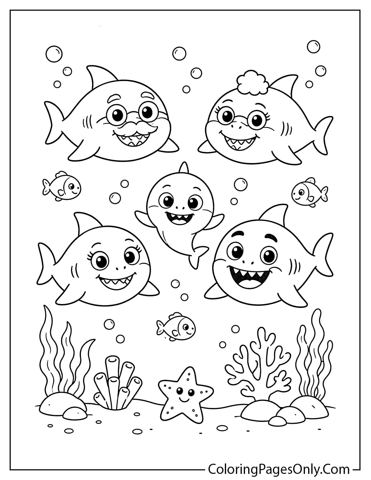 Baby Shark family coloring page with Baby Shark, Mommy Shark, Daddy Shark, Grandma Shark, and Grandpa Shark from Baby Shark