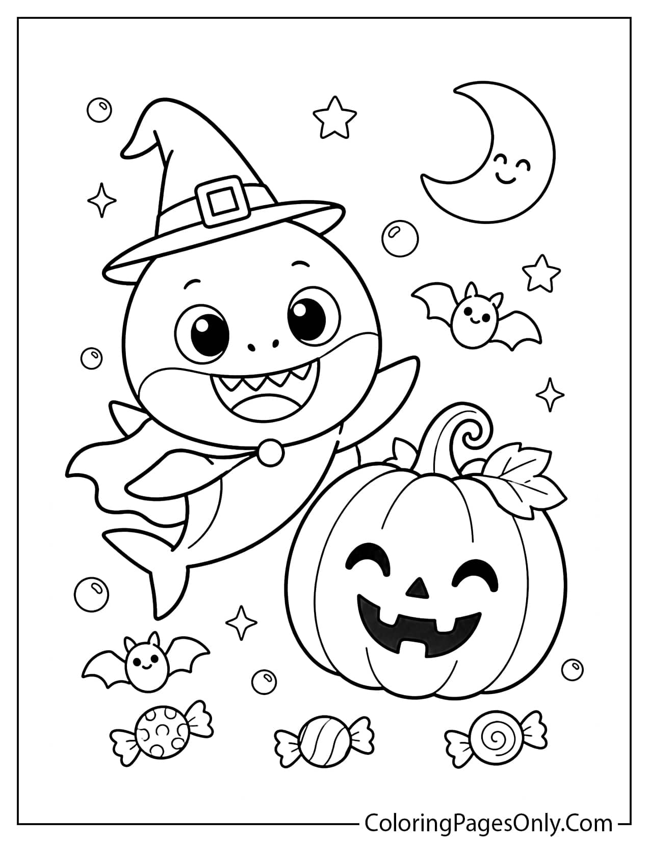 Baby Shark Halloween coloring page with a cute pumpkin, candy, and friendly spooky decorations from Baby Shark