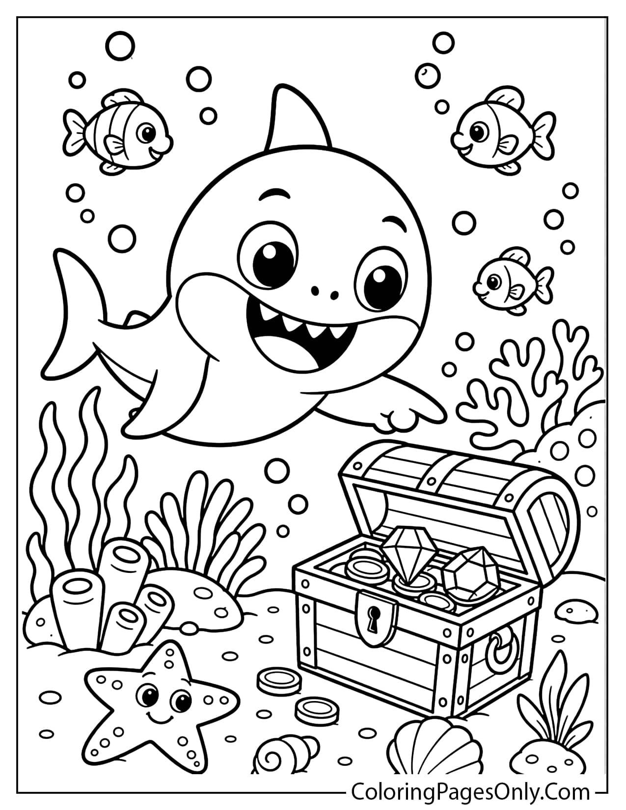 Baby Shark ocean adventure coloring page with coral, fish, shells, and underwater treasure from Baby Shark