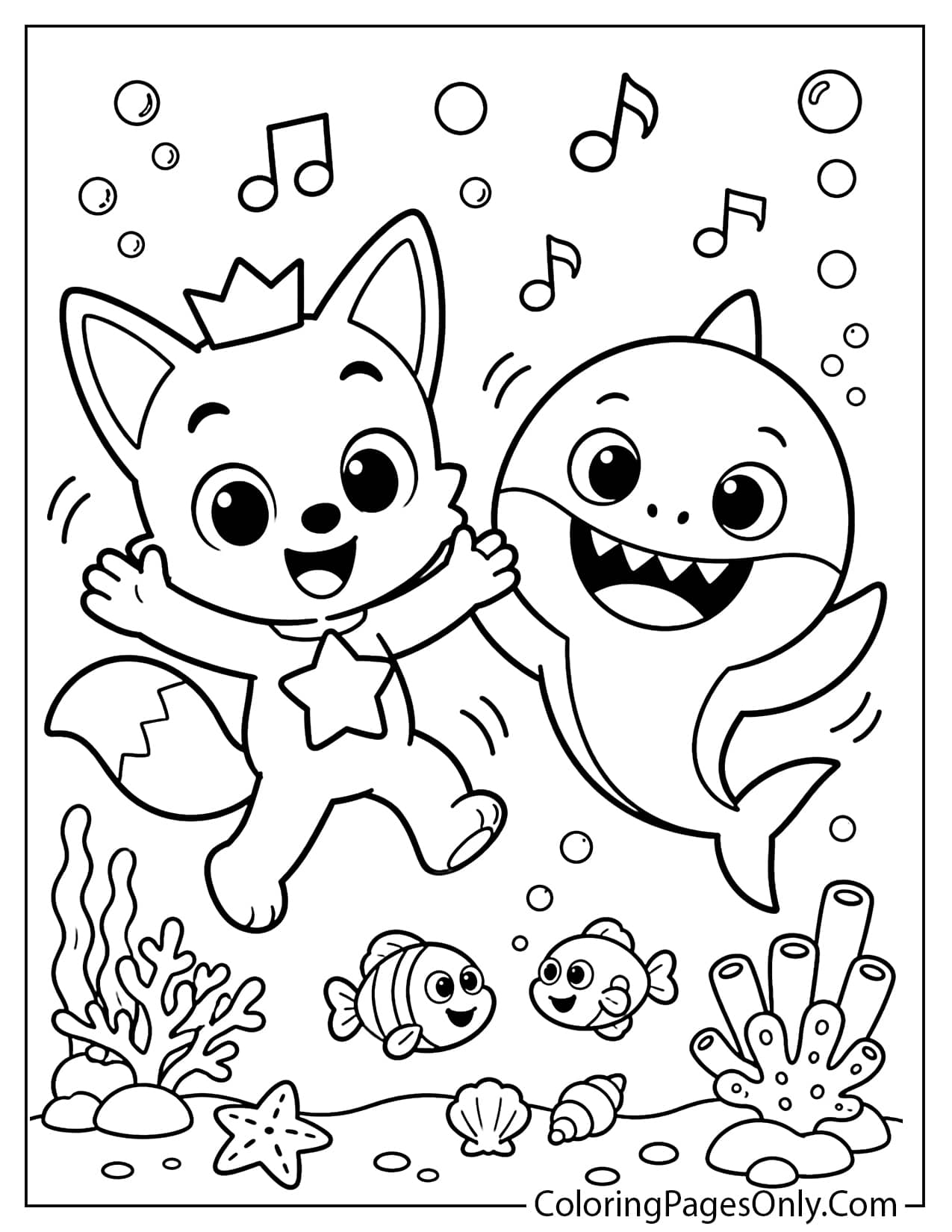 Baby Shark and Pinkfong dance coloring page with music notes and underwater bubbles from Baby Shark
