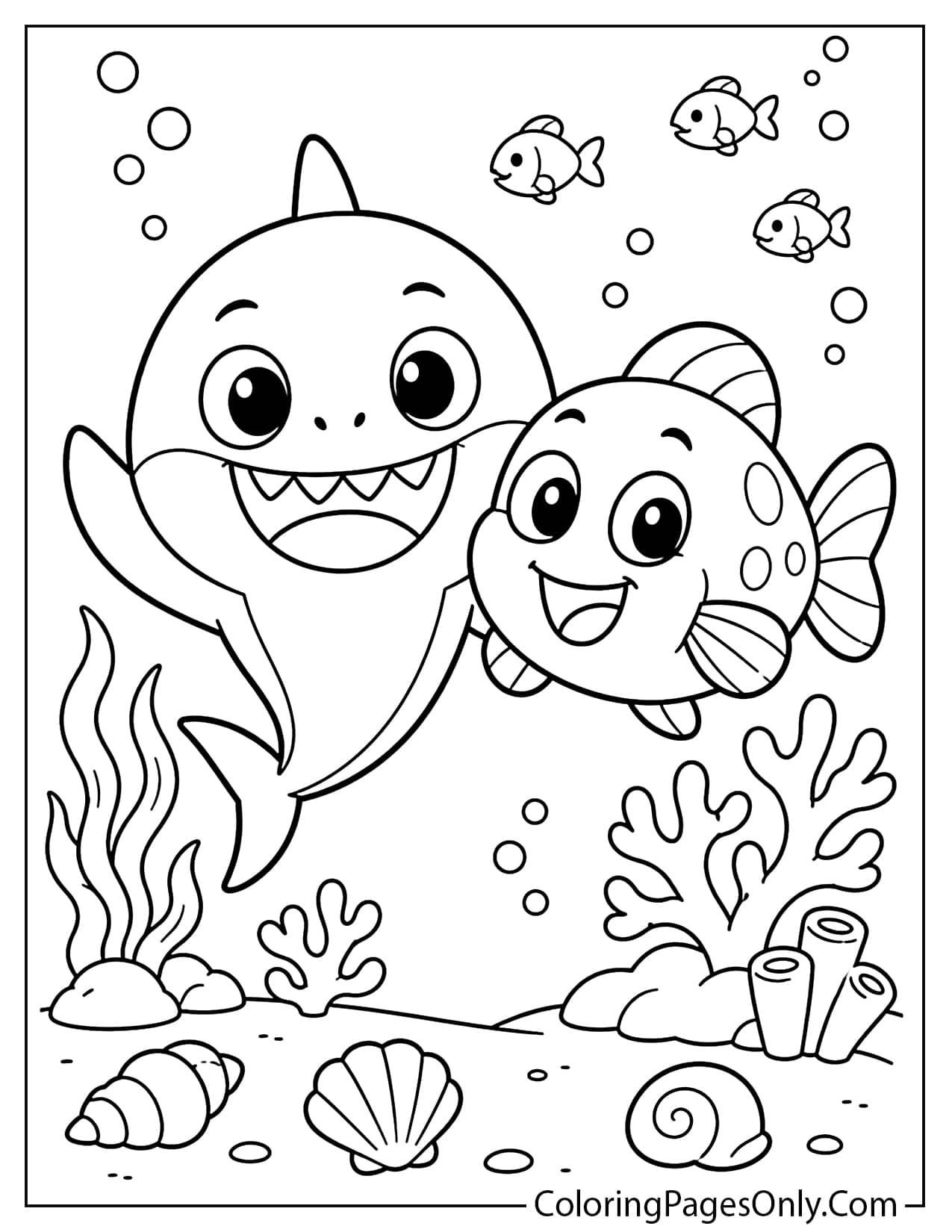 Baby Shark and William coloring page showing the two best friends smiling under the sea from Baby Shark