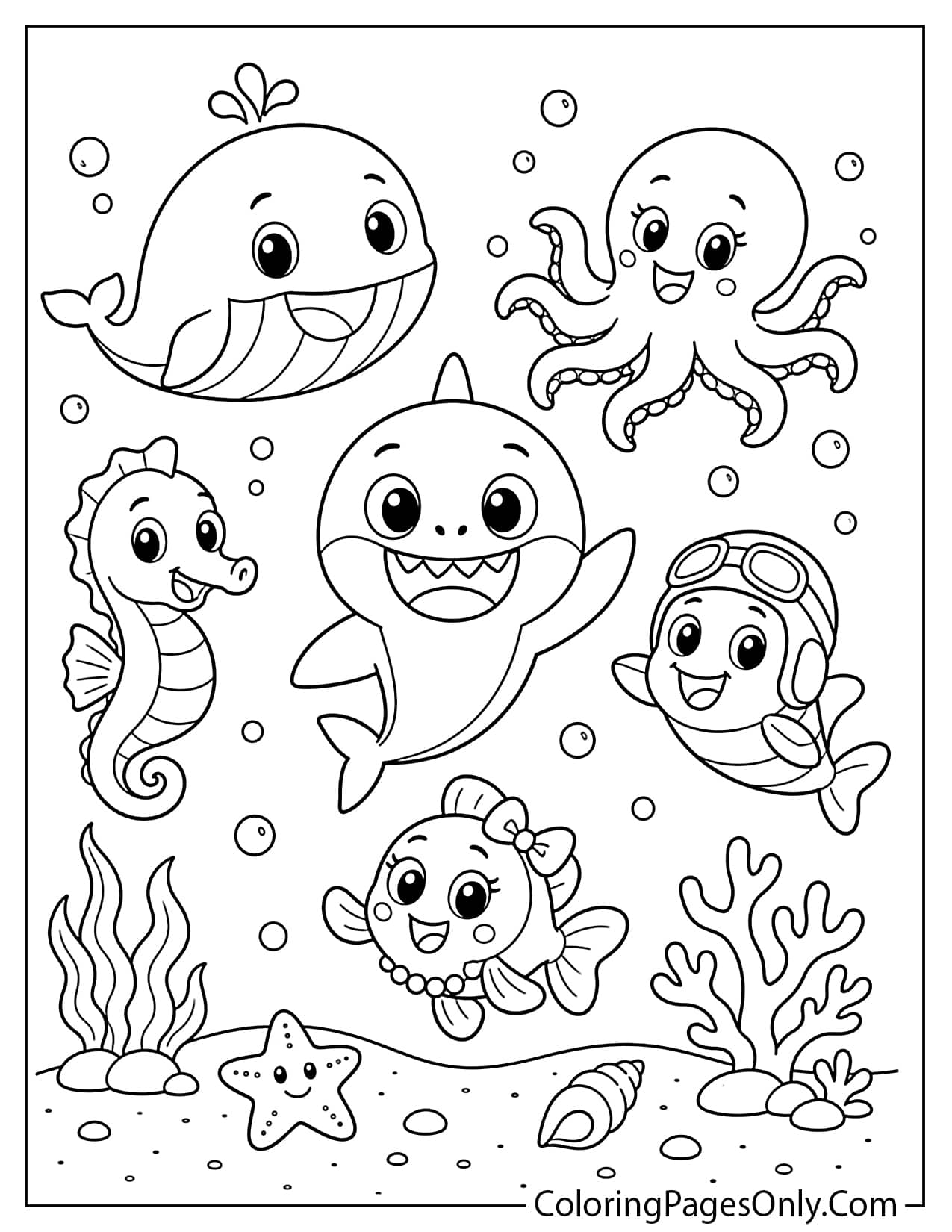 Baby Shark’s Big Show friends coloring page with Baby Shark, William, Chucks, Goldie, Hank, and Vola from Baby Shark