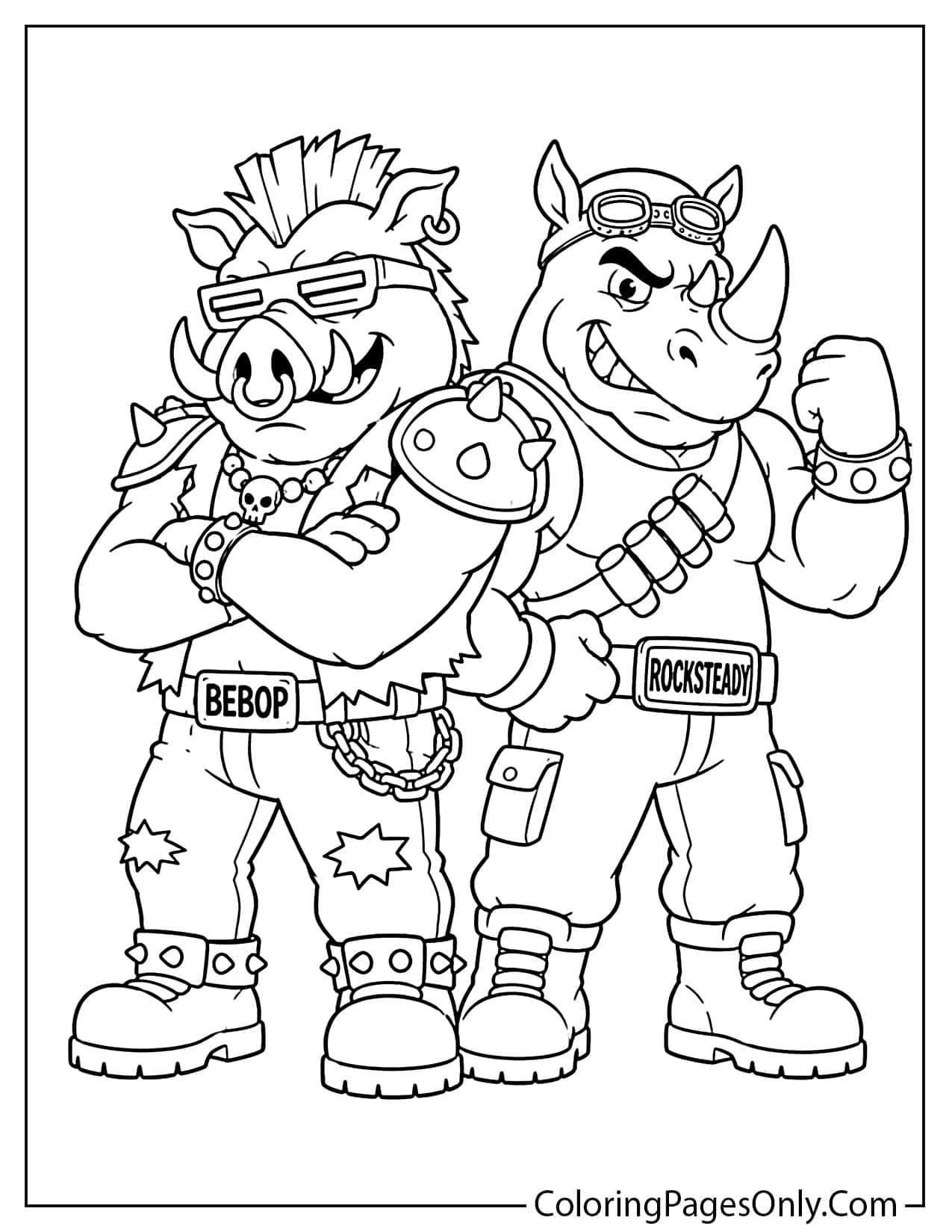 Bebop and Rocksteady coloring page with the two mutant villains standing together from Ninja Turtles