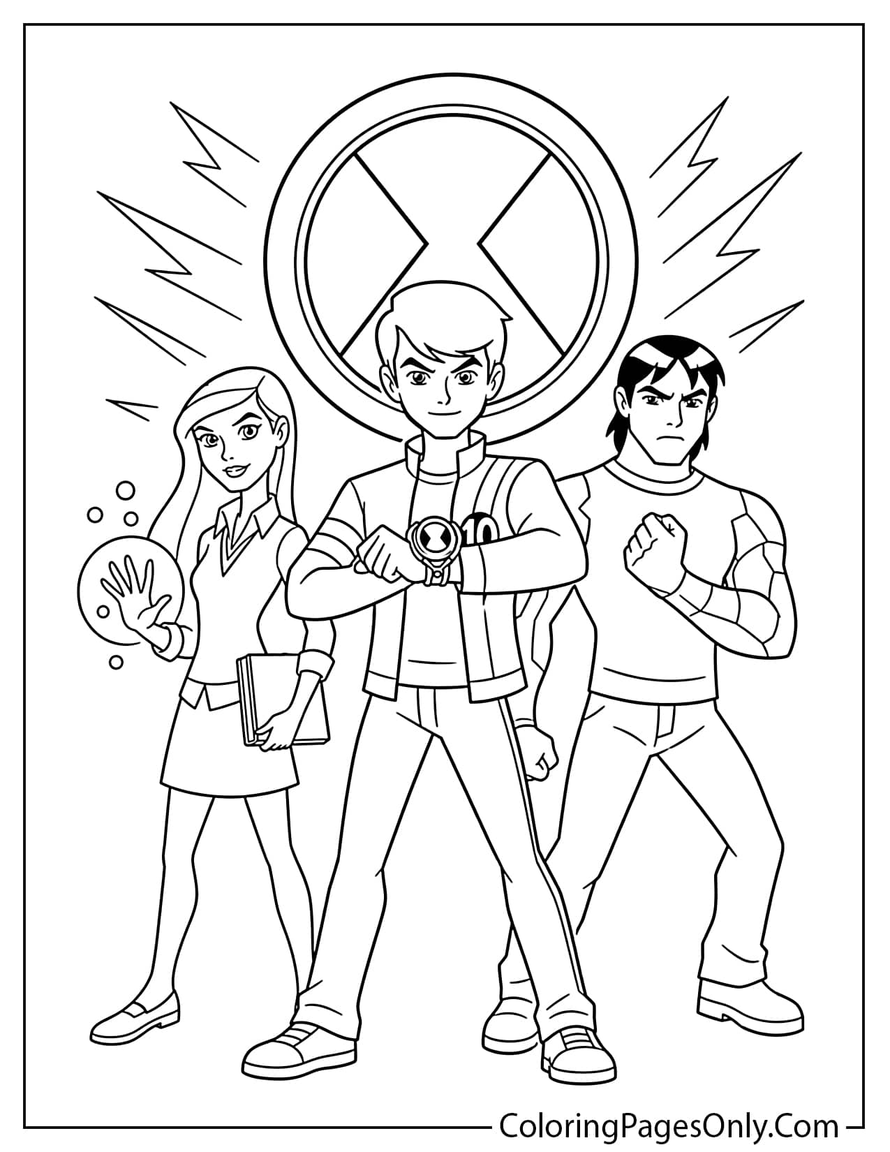 Ben 10 Alien Force coloring page with Ben, Gwen, and Kevin in a team pose from Ben 10