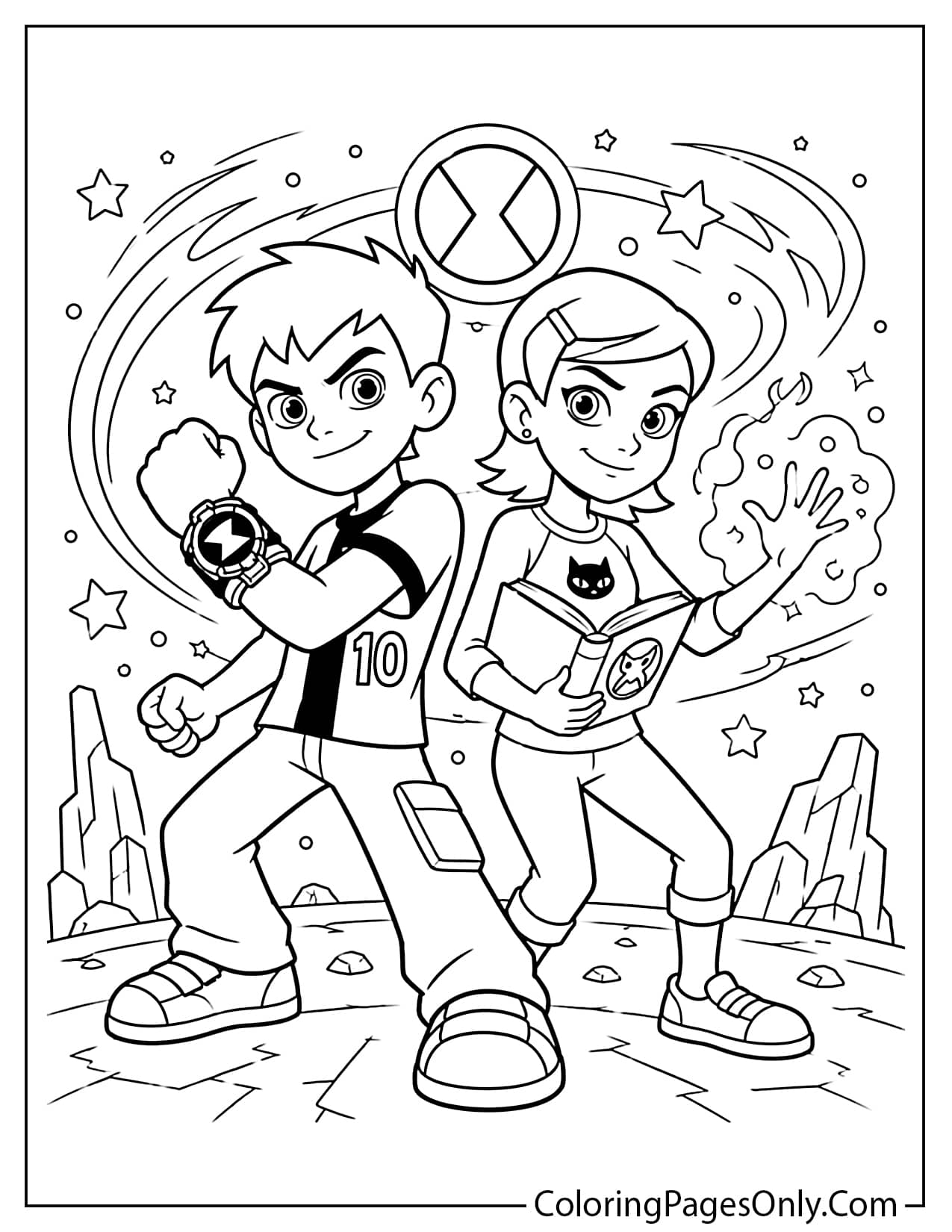 Ben 10 and Gwen coloring page with the cousins ready for an alien adventure from Ben 10