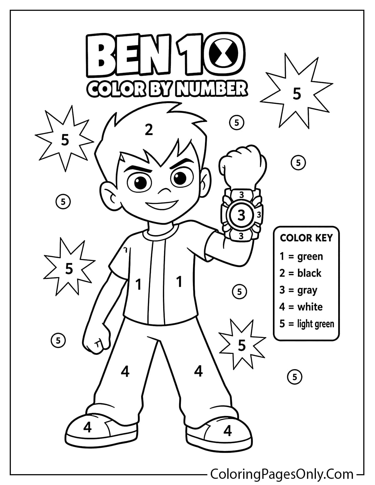 Ben 10 color by number coloring page with numbered areas and easy sections from Ben 10