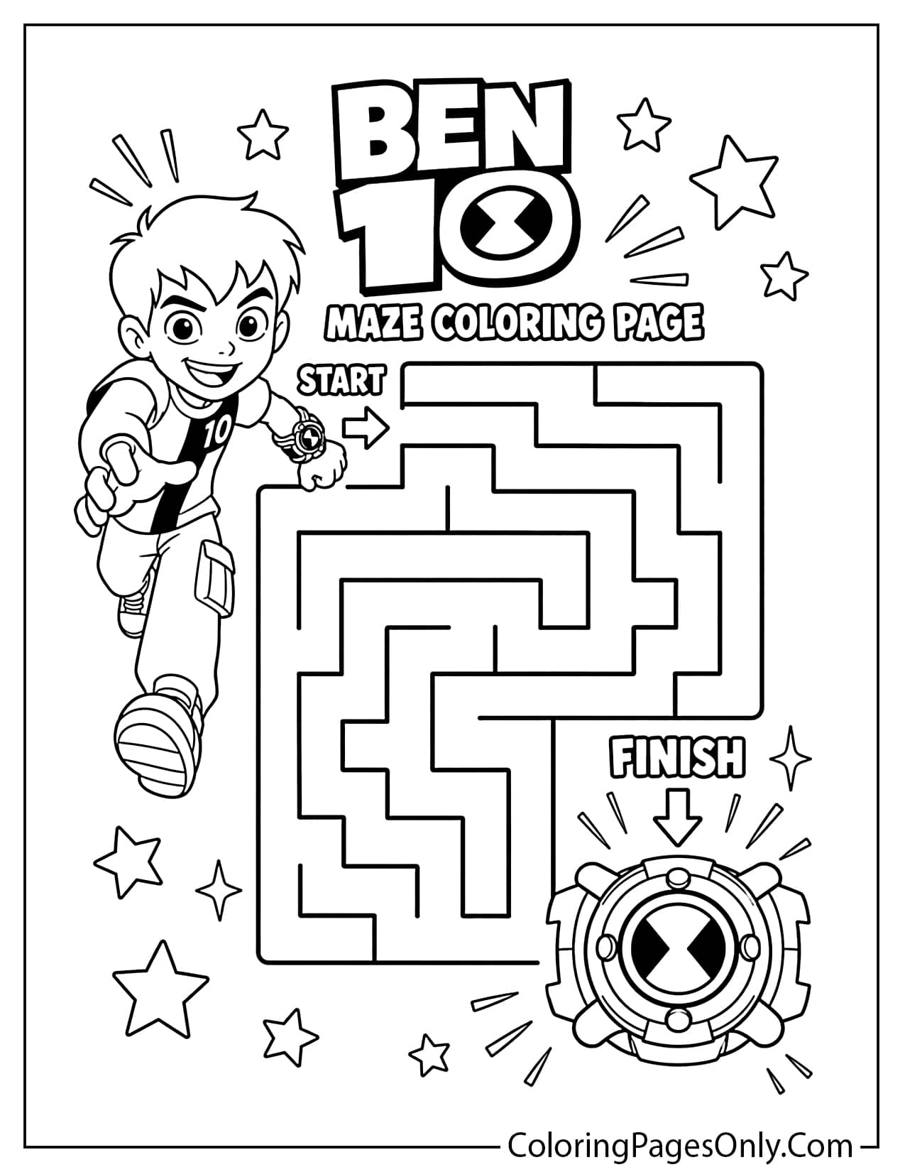 Ben 10 maze coloring page with Ben finding the Omnitrix through a simple path from Ben 10