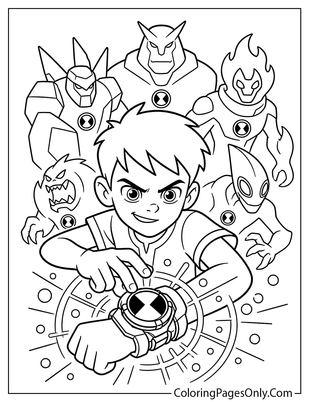 Ben 10 coloring page showing Ben Tennyson activating the Omnitrix to transform from Ben 10