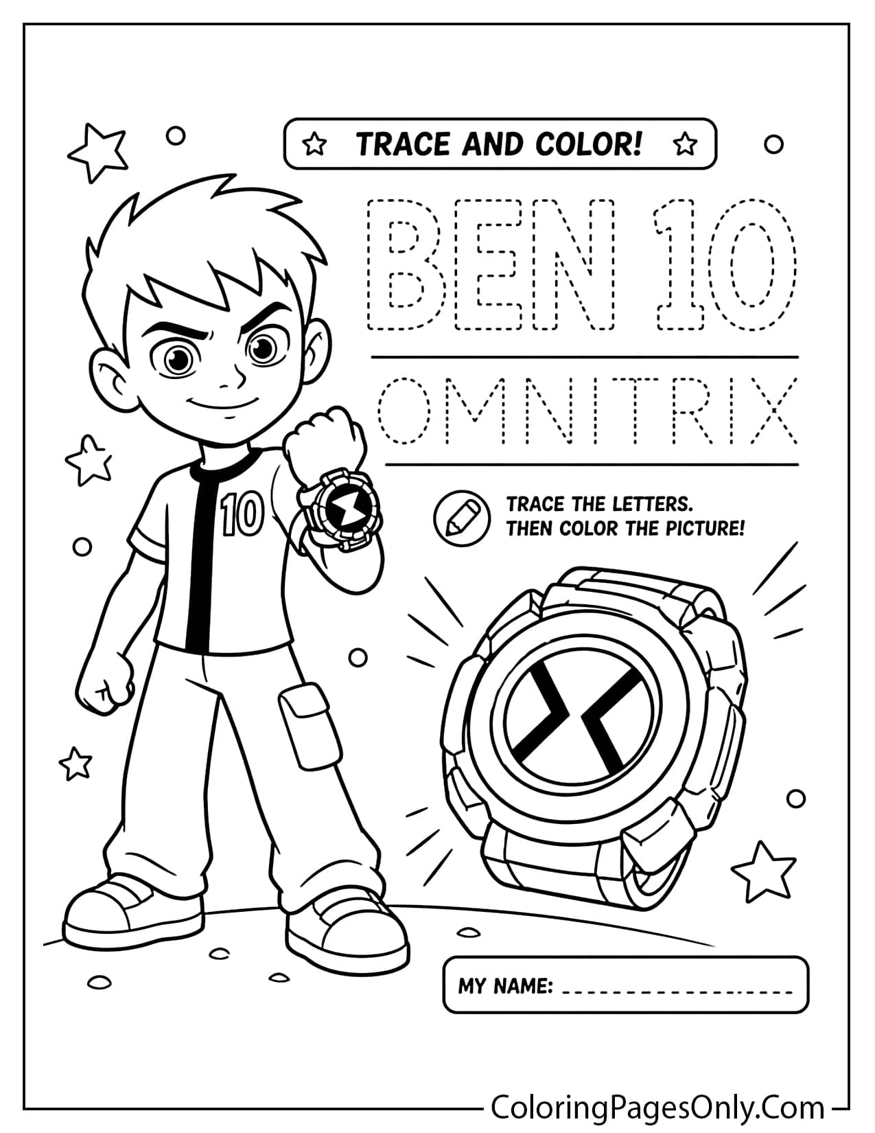 Ben 10 trace and color worksheet with simple letters and a character outline from Ben 10