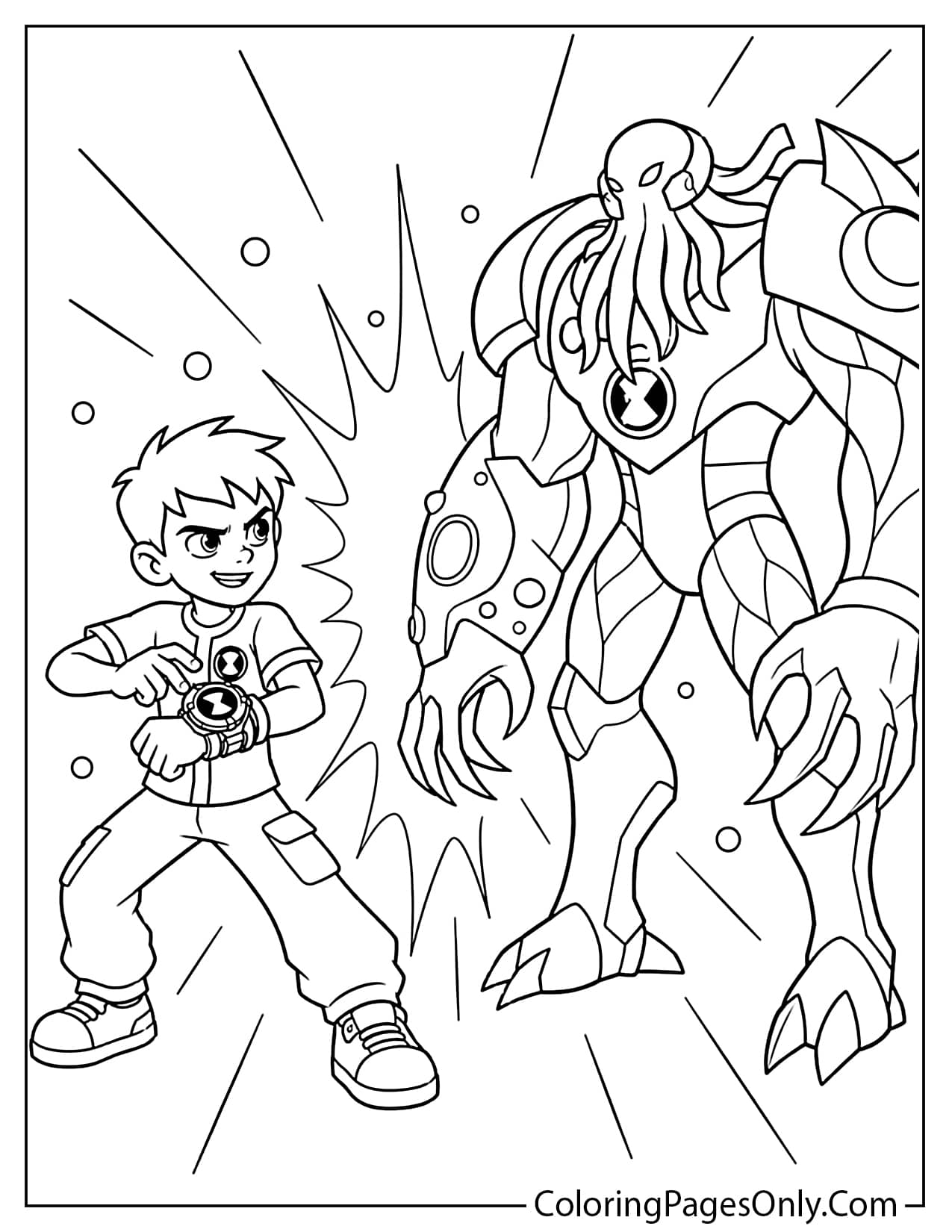 Ben 10 vs Vilgax coloring page with a superhero battle scene for kids from Ben 10