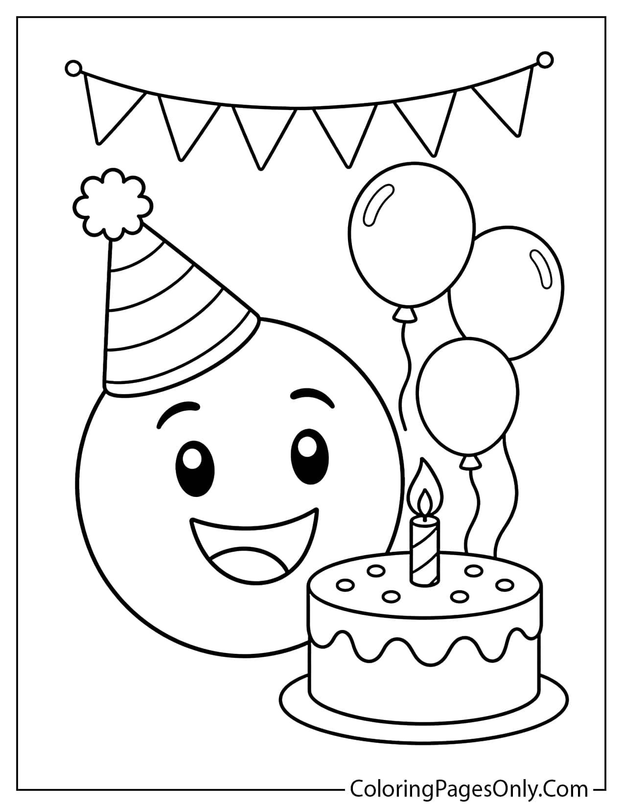 Birthday emoji coloring page with party hat, cake, and balloons from Emoji