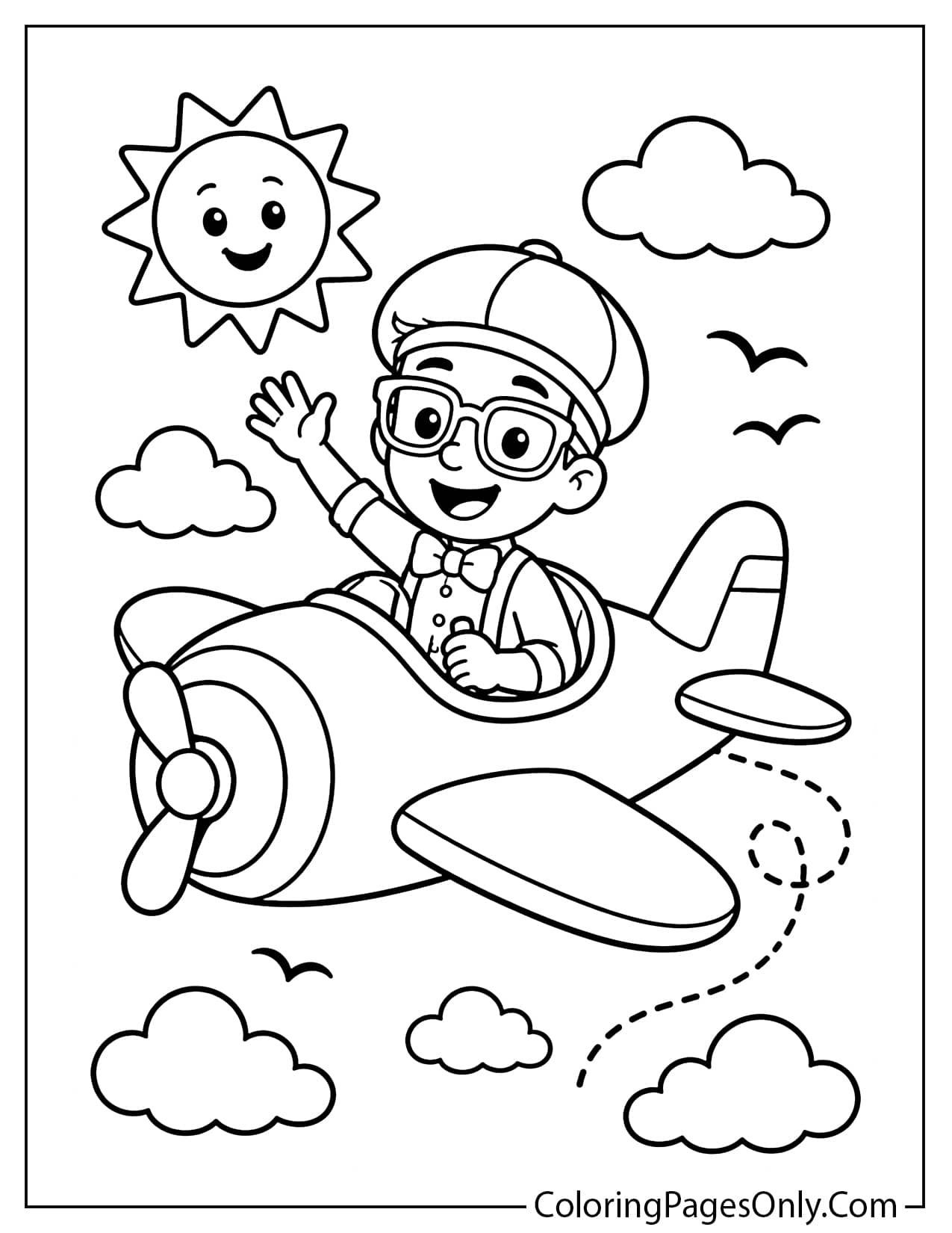Blippi flying an airplane above clouds in a fun printable coloring page for kids from Blippi