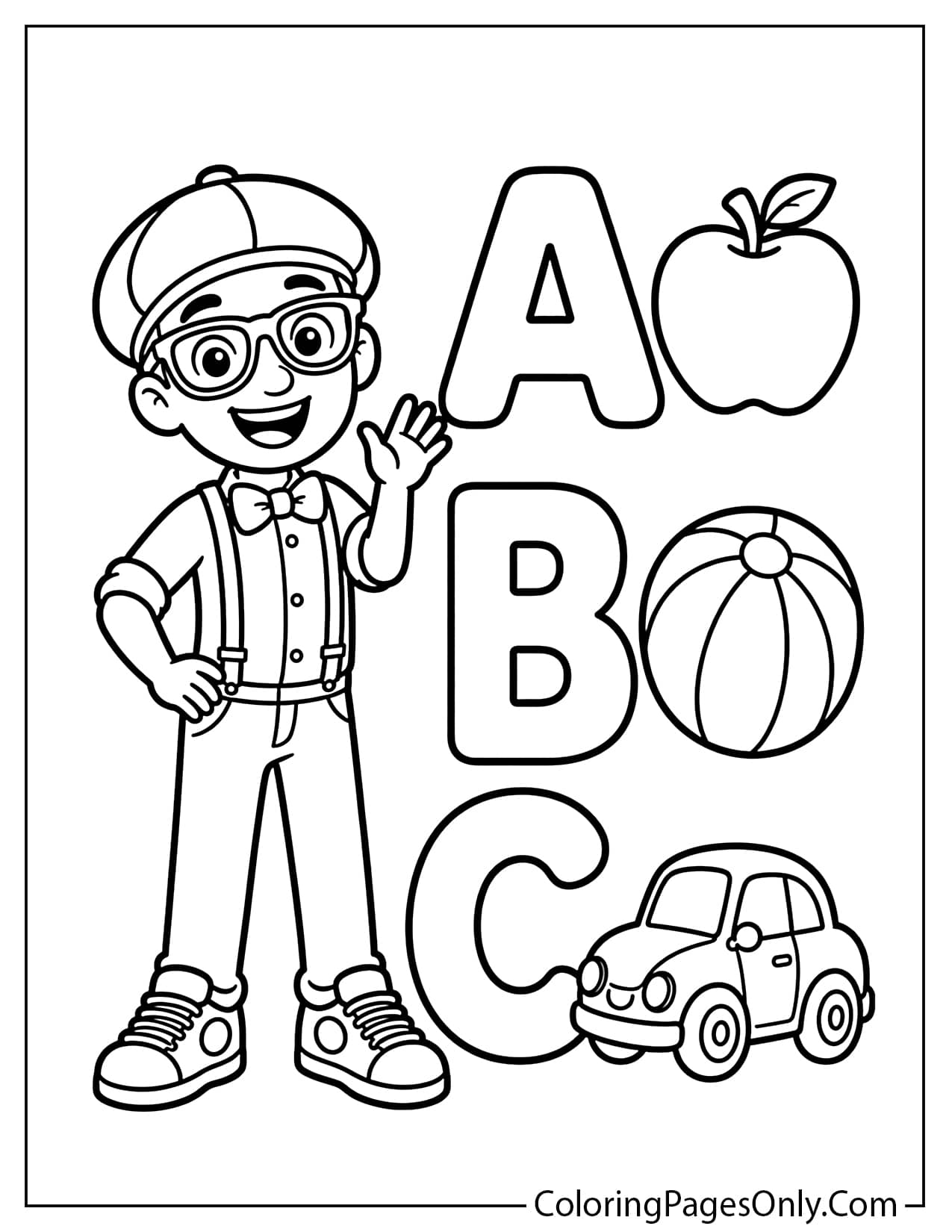 Blippi standing beside large ABC letters with simple learning objects for kids to color from Blippi