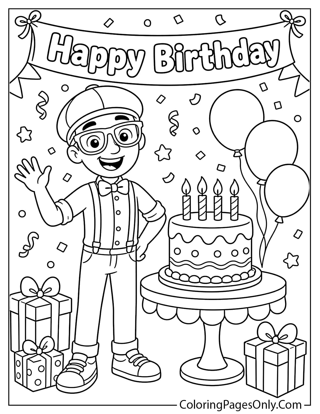 Blippi celebrating a birthday with cake, balloons, gifts, and party decorations to color from Blippi